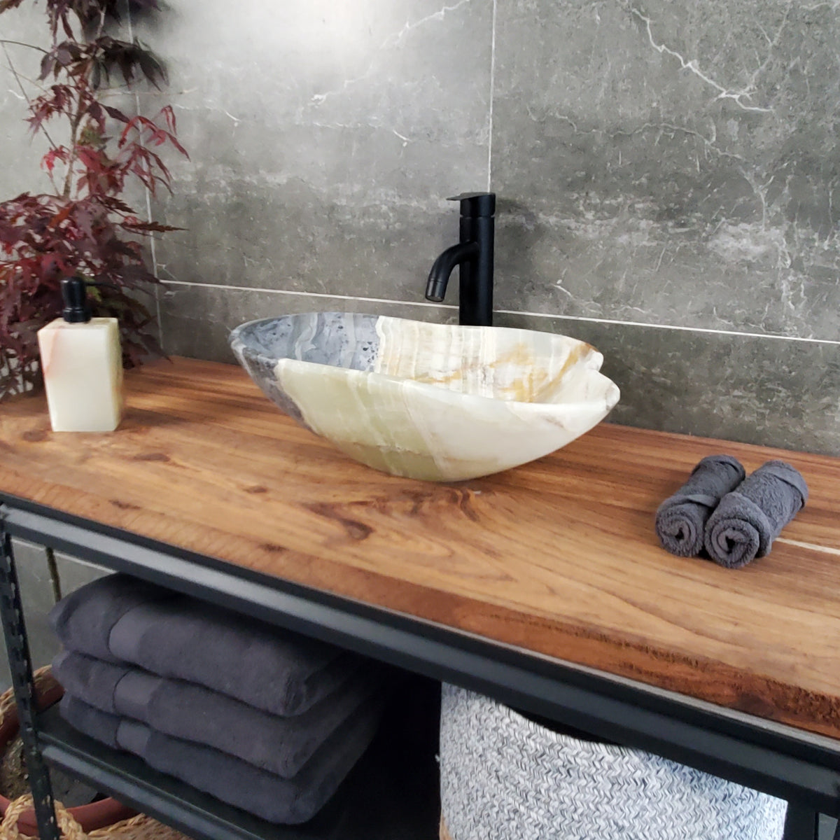 Green Onyx Marble Vessel Sink – Natural Stone Countertop Sink, Polished Vanity Basin, Luxury Spa Bathroom Decor 18x12.5 Inch S40_12 Bathroom Sinks Featured Onyx Sinks Sinks