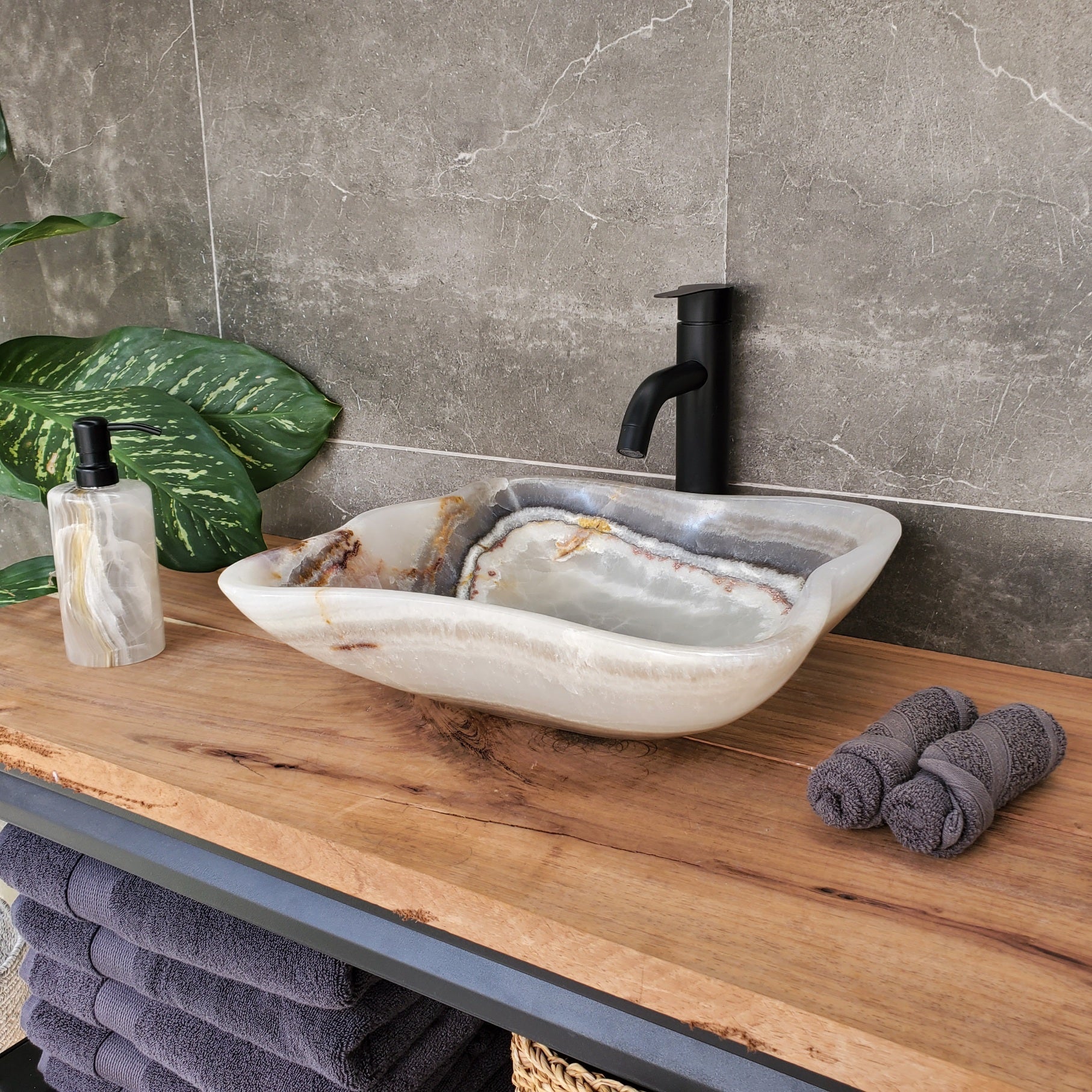 S34_16 Onyx Stone Vessel Bathroom Sink - 15.3 x 14 inch