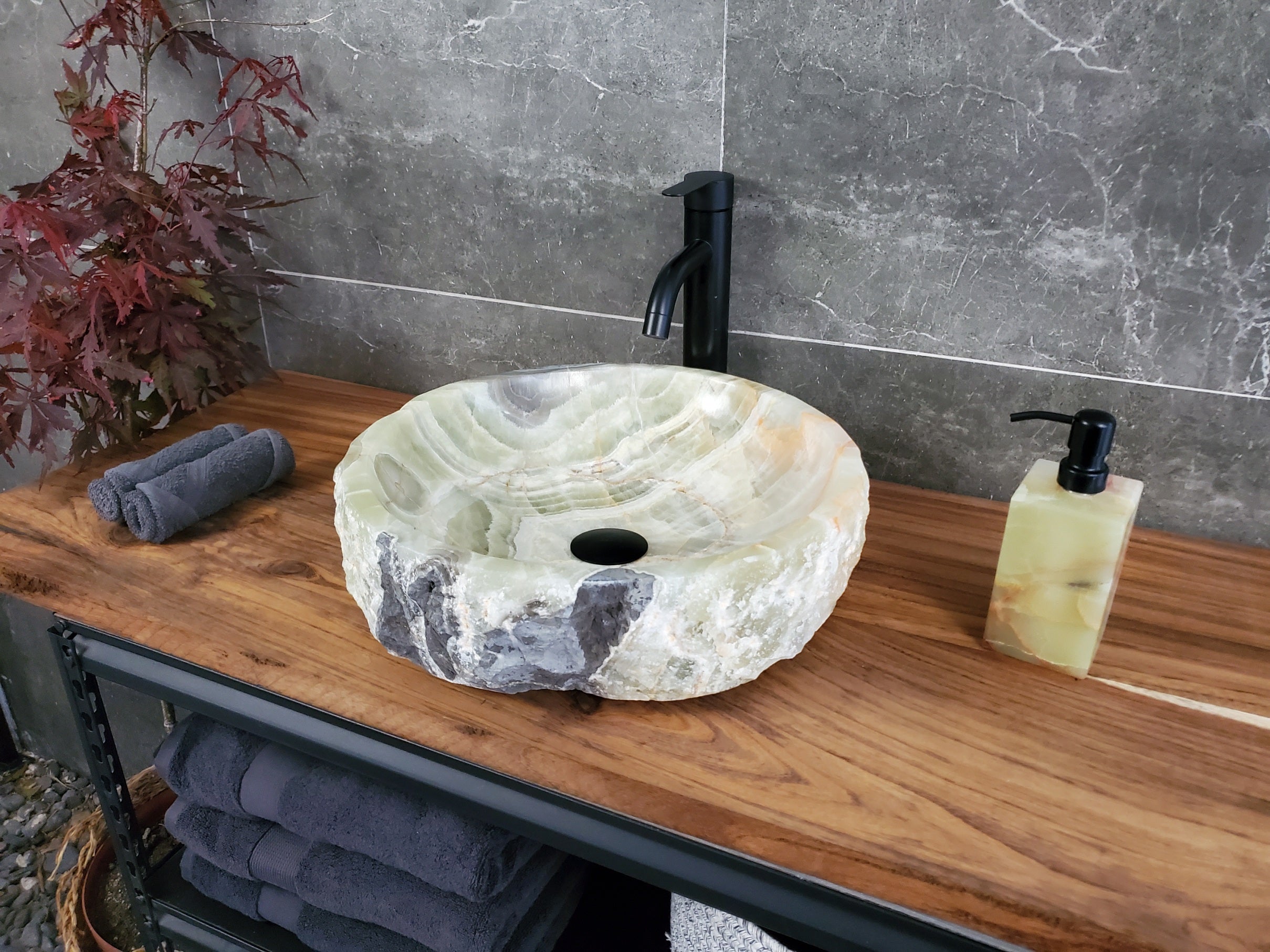 Green Onyx Marble Vessel Sink, 16x16 Inch Natural Stone Countertop Basin, Polished Luxury Vanity Sink, Spa Bathroom Decor S40_03 Bathroom Sinks Featured Onyx Sinks