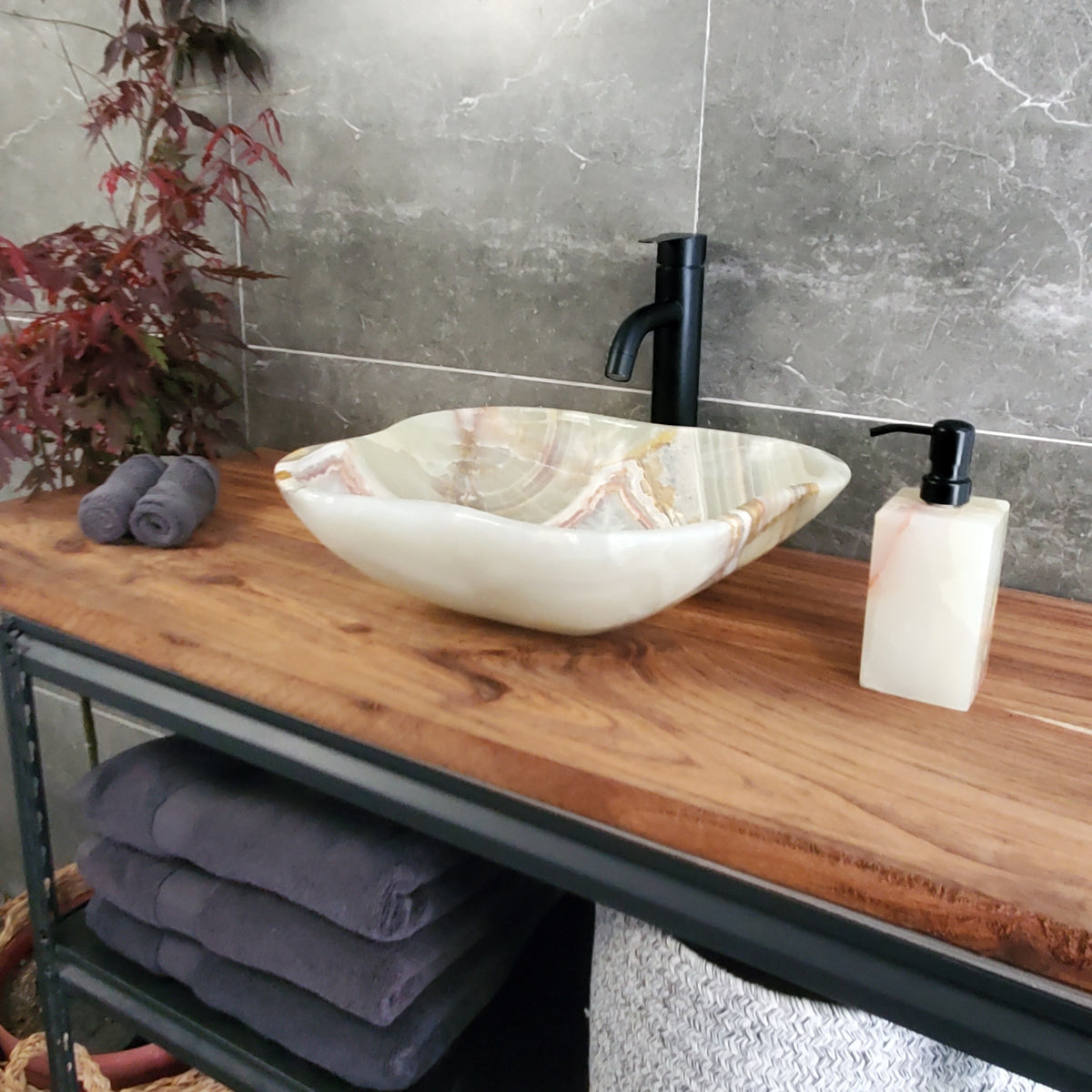 Green Onyx Vessel Sink, 16x14.5 Inch Natural Stone Countertop Basin, Polished Luxury Vanity Sink, Spa Bathroom Decor S40_17