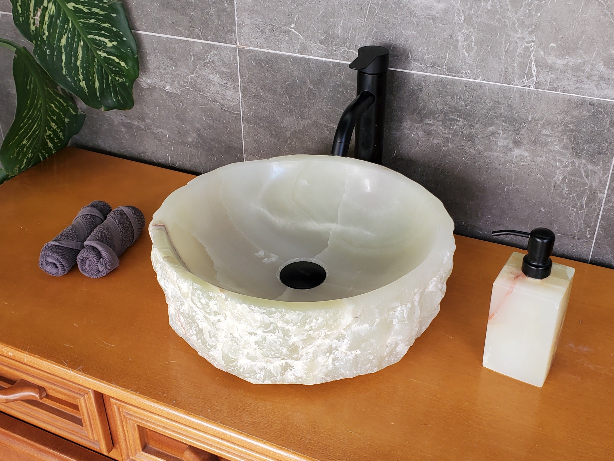 SET3708 - Onyx Stone Vessel Sink Set, Green, Master Bathroom Double Sinks Bathroom Sinks pair
