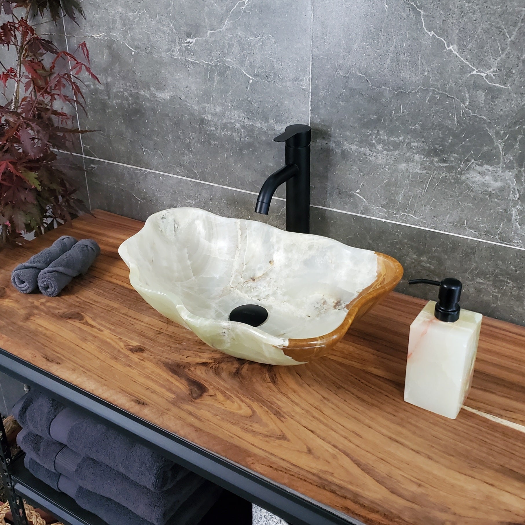 Green Onyx Marble Vessel Sink – Natural Stone Countertop Sink, Polished Vanity Basin, Luxury Spa Bathroom Decor 19x13 Inch S40_09 Bathroom Sinks Featured Onyx Sinks Sinks