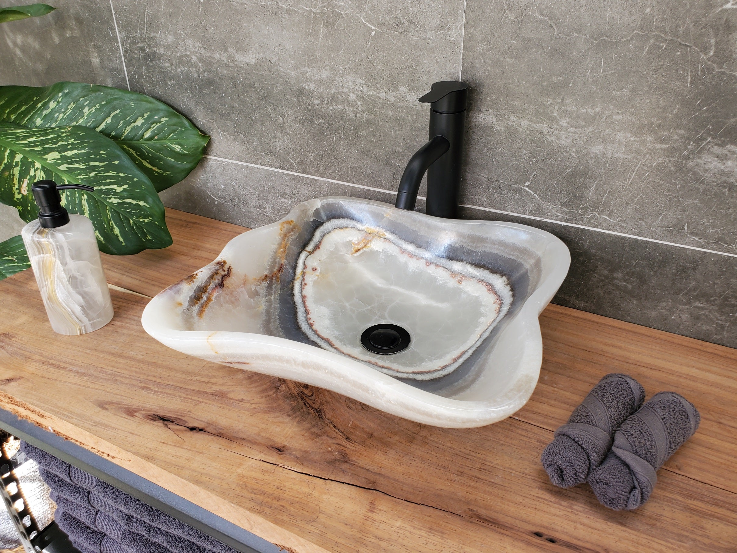S34_16 Onyx Stone Vessel Bathroom Sink - 15.3 x 14 inch