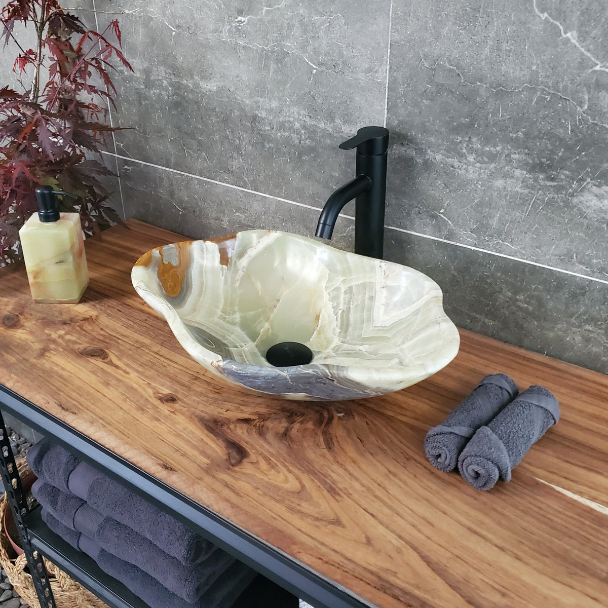 Green White Onyx Vessel Sink, 19x13 Inch Natural Stone Countertop Basin, Polished Luxury Vanity Sink, Spa Bathroom Decor S40_13