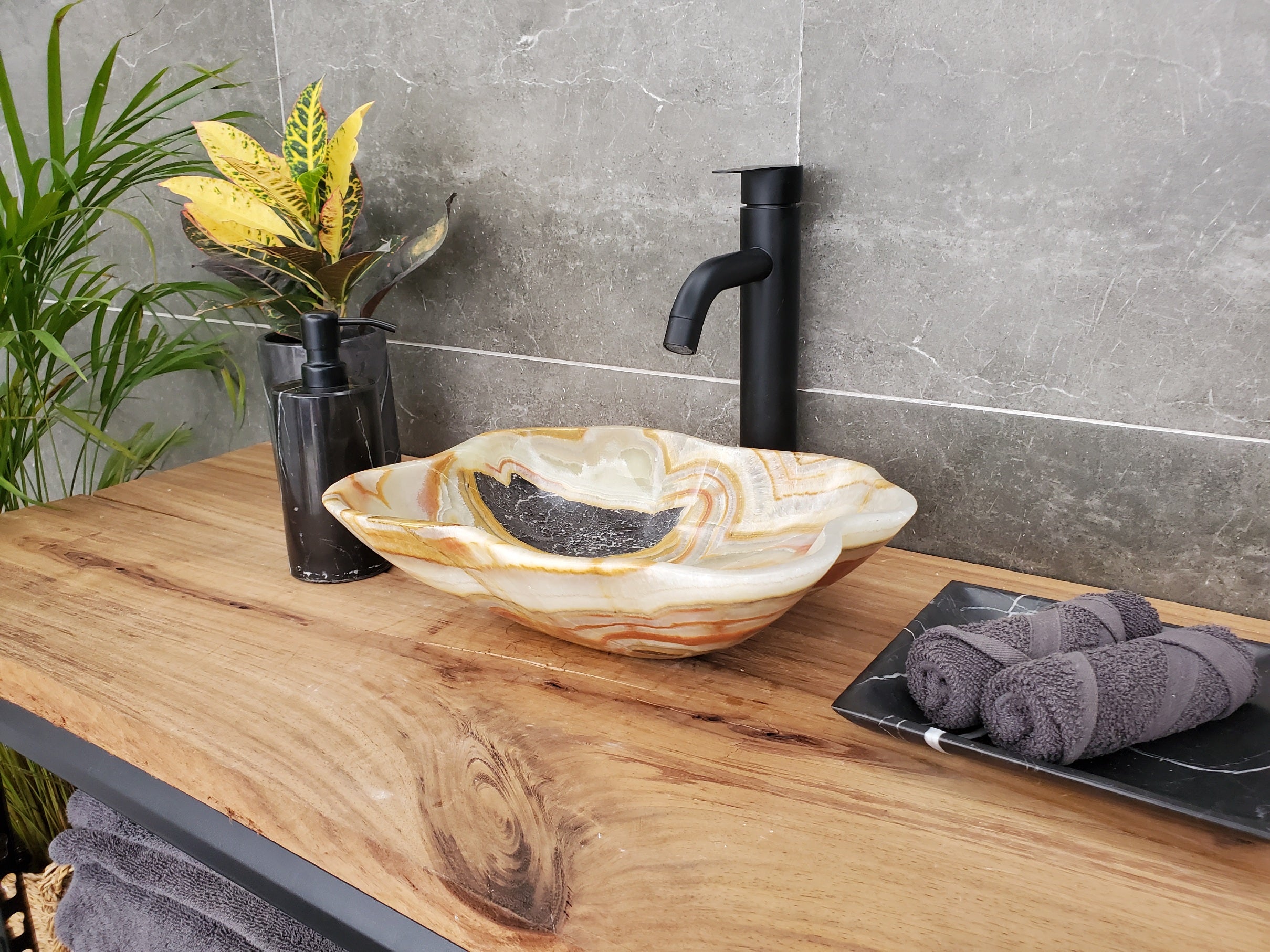 S31_29 Onyx Stone Vessel Bathroom Sink - 13 x 11.5 inch