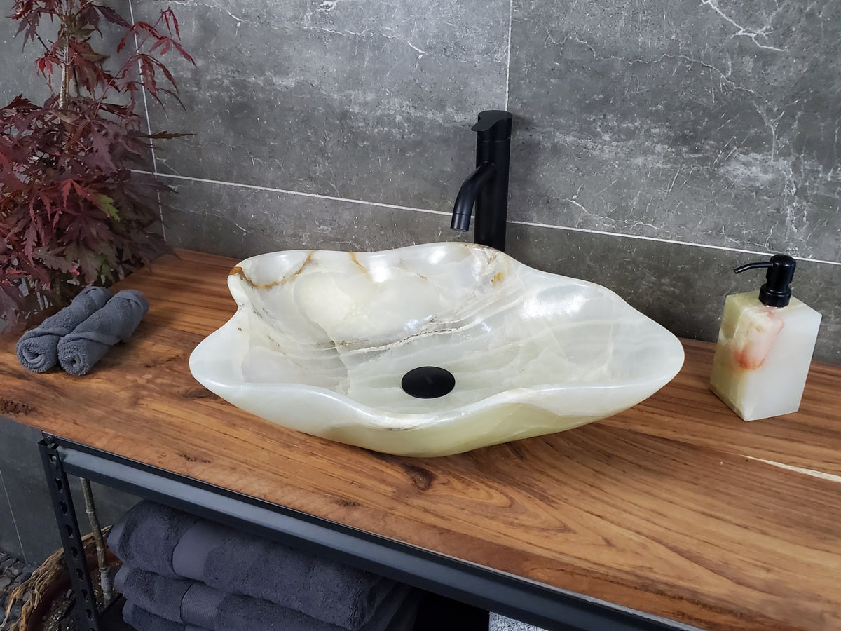 Green Onyx Marble Vessel Sink, 22x17 Inch Natural Stone Countertop Basin, Polished Luxury Vanity Sink, Spa Bathroom Decor S40_08 Bathroom Sinks Featured Onyx Sinks Sinks