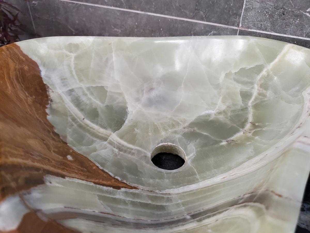Green Onyx Vessel Sink, Natural Stone Vanity Basin, Polished Bathroom Countertop Sink, Spa Decor 15x12.5 Inch S40_27