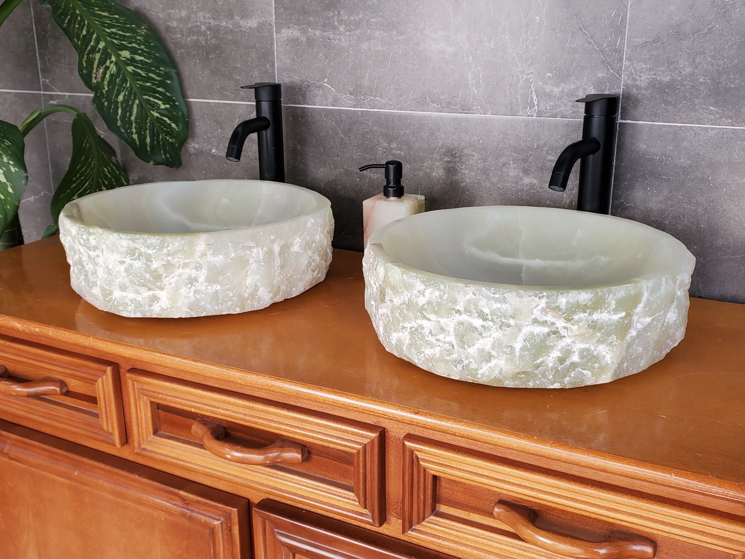 SET3708 - Onyx Stone Vessel Sink Set, Green, Master Bathroom Double Sinks Bathroom Sinks pair