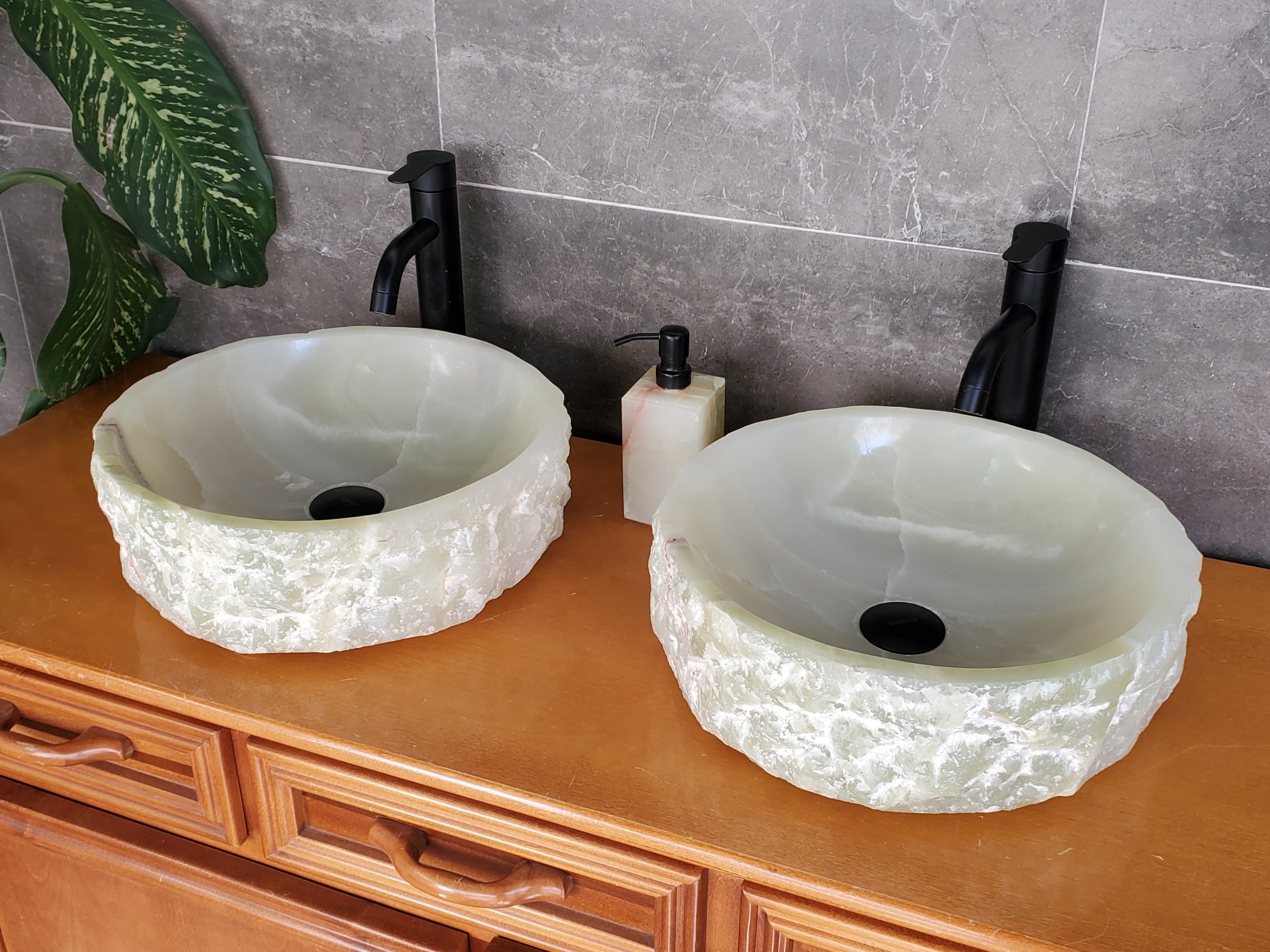 SET3708 - Onyx Stone Vessel Sink Set, Green, Master Bathroom Double Sinks Bathroom Sinks pair