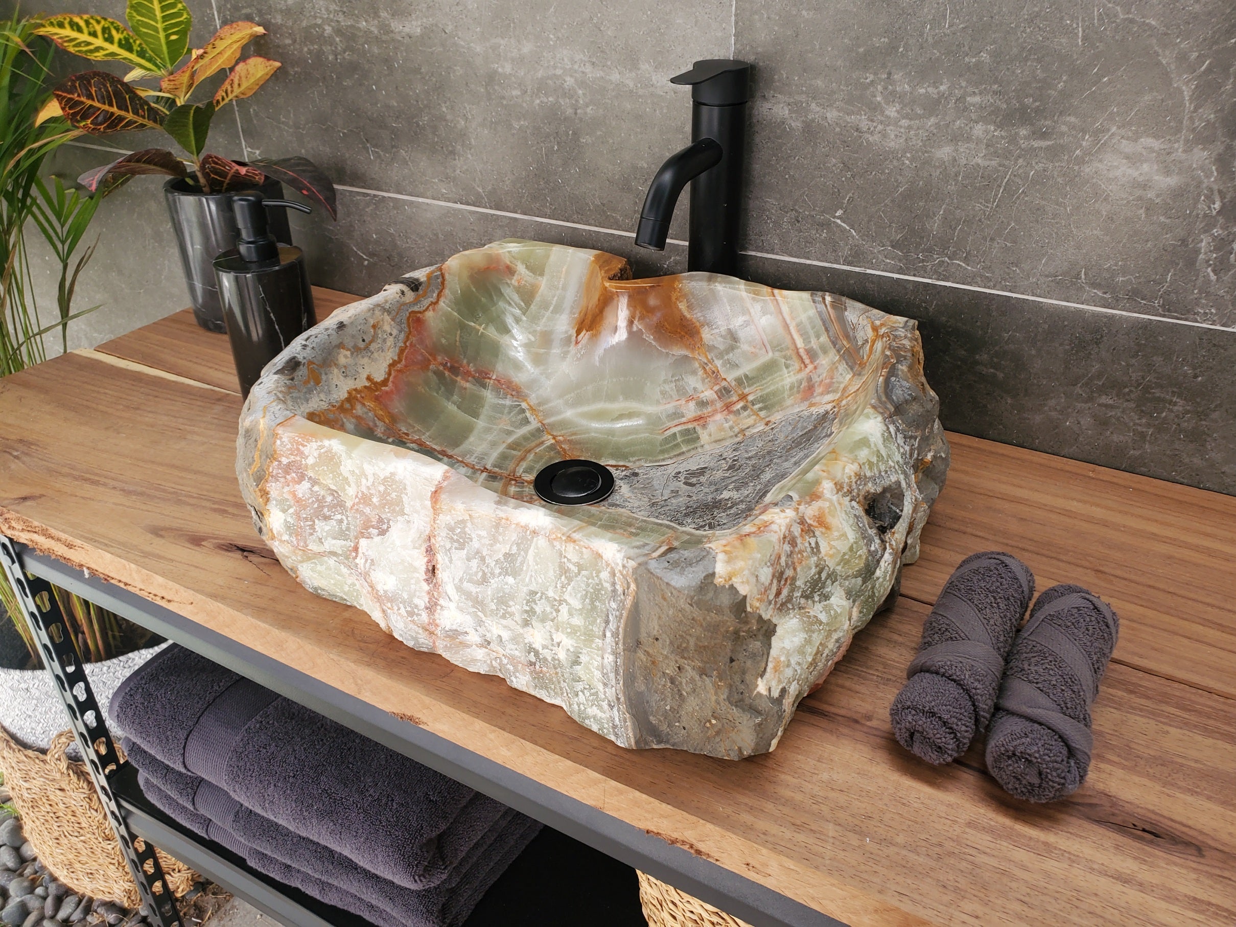 S34_01 Green Onyx Stone Vessel Bathroom Sink - 17 x 15 inch