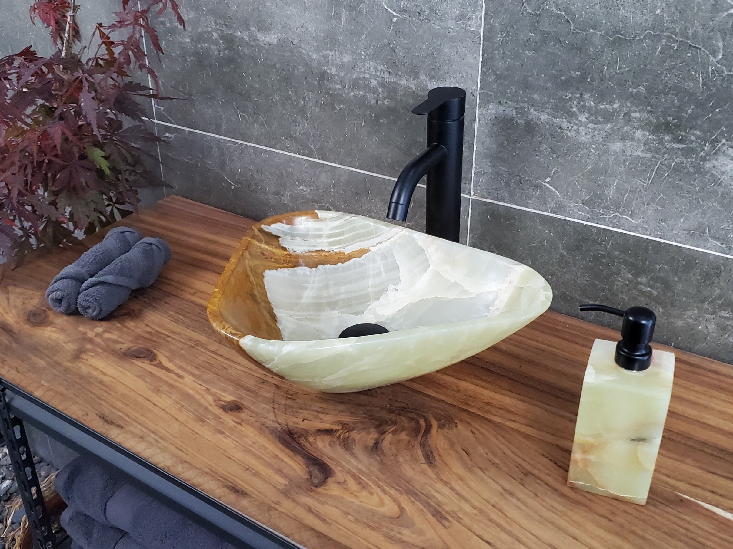 Green Onyx Vessel Sink, Natural Stone Vanity Basin, Polished Bathroom Countertop Sink, Spa Decor 15x12 Inch S40_26