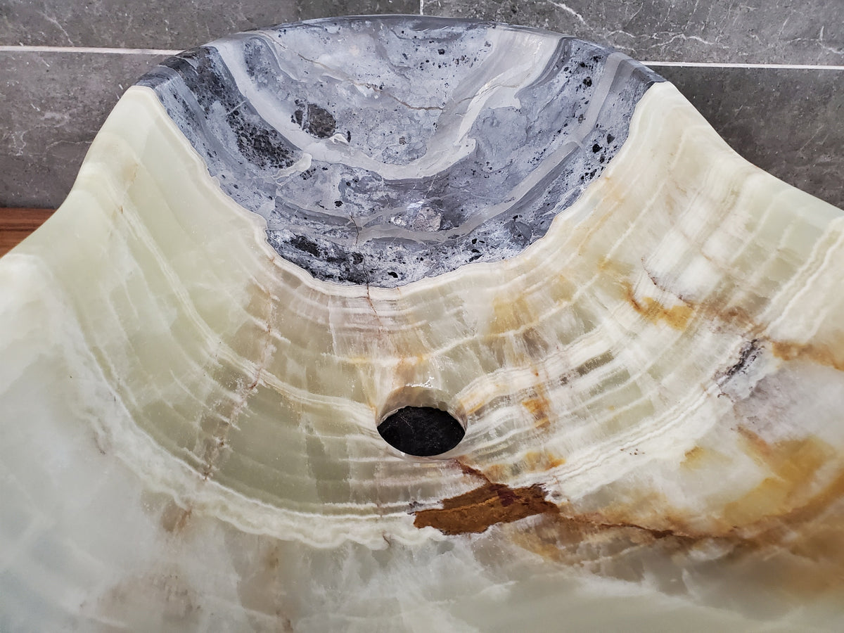 Green Onyx Marble Vessel Sink – Natural Stone Countertop Sink, Polished Vanity Basin, Luxury Spa Bathroom Decor 18x12.5 Inch S40_12 Bathroom Sinks Featured Onyx Sinks Sinks