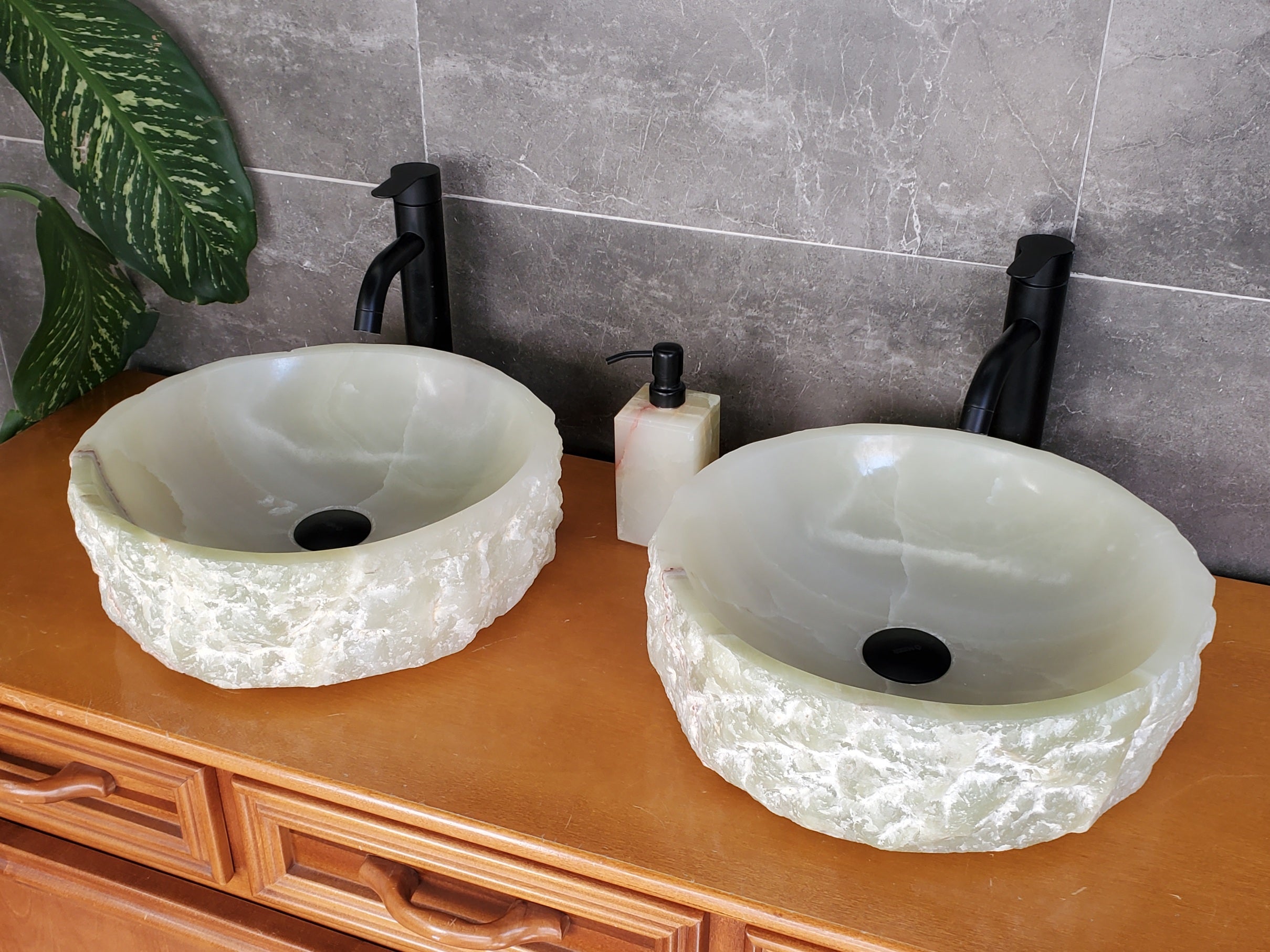 SET3708 - Onyx Stone Vessel Sink Set, Green, Master Bathroom Double Sinks Bathroom Sinks pair