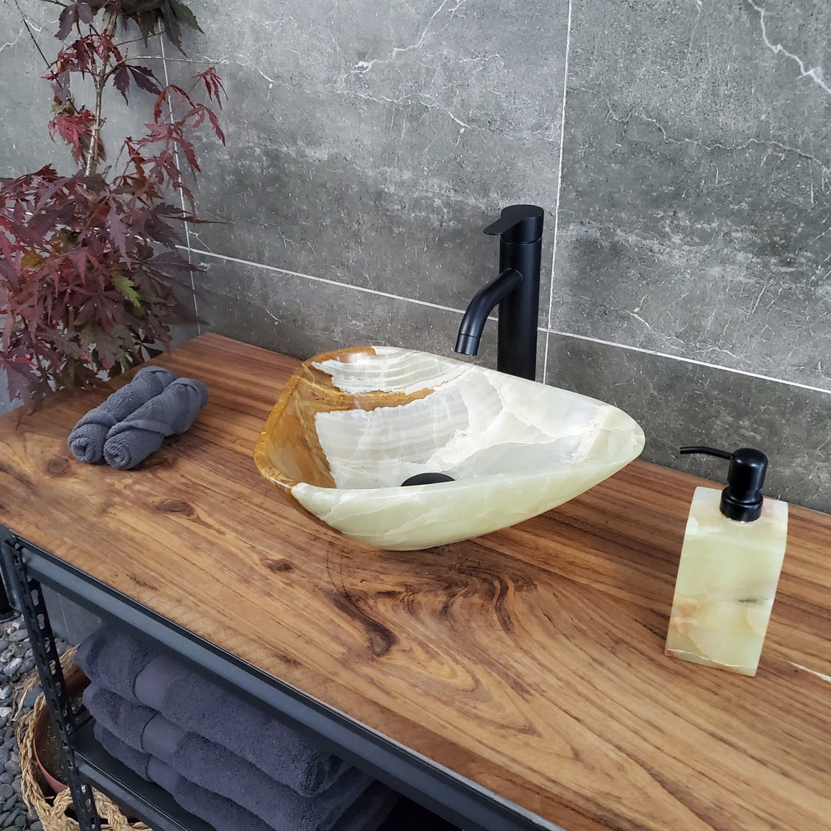 Green Onyx Vessel Sink, Natural Stone Vanity Basin, Polished Bathroom Countertop Sink, Spa Decor 15x12 Inch S40_26