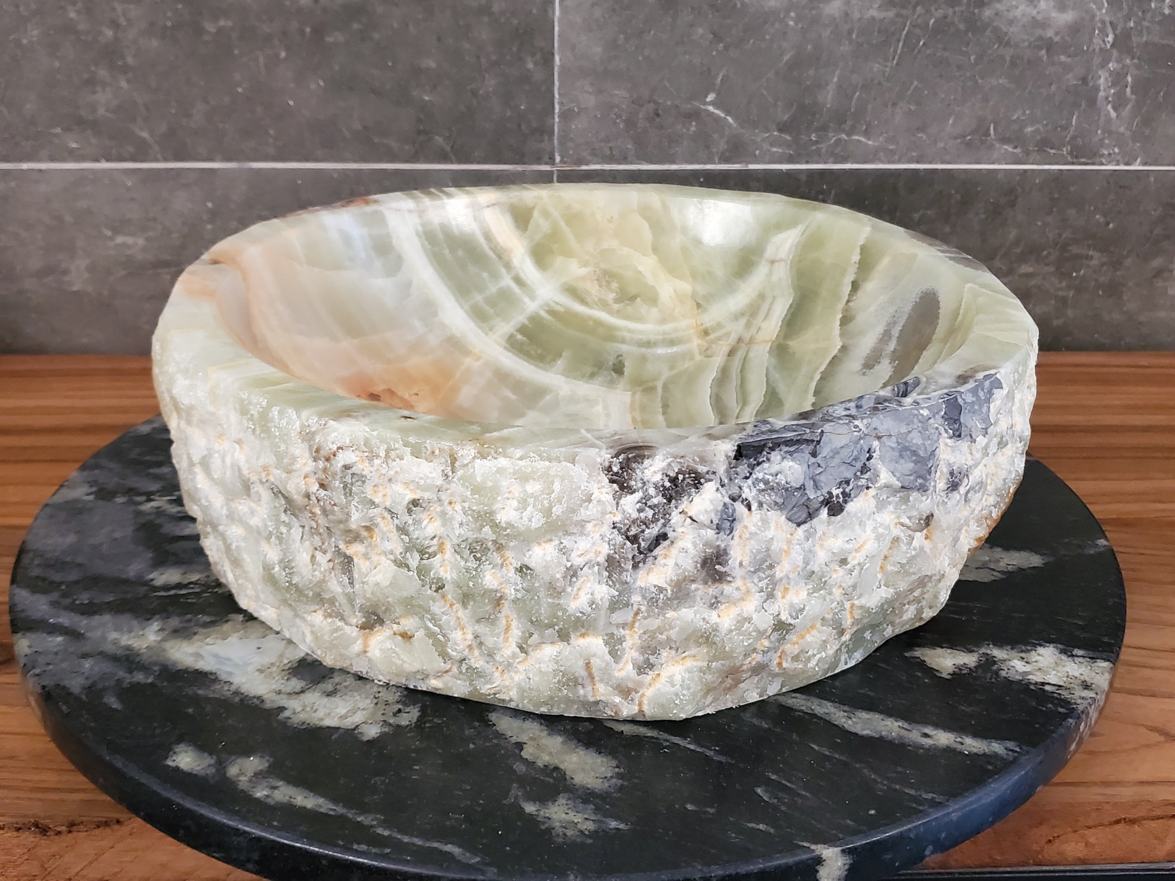 Green Onyx Marble Vessel Sink, Natural Stone Vanity Basin, Polished Bathroom Countertop Sink, Spa Decor 15x15 Inch S40_02 Bathroom Sinks Featured Onyx Sinks