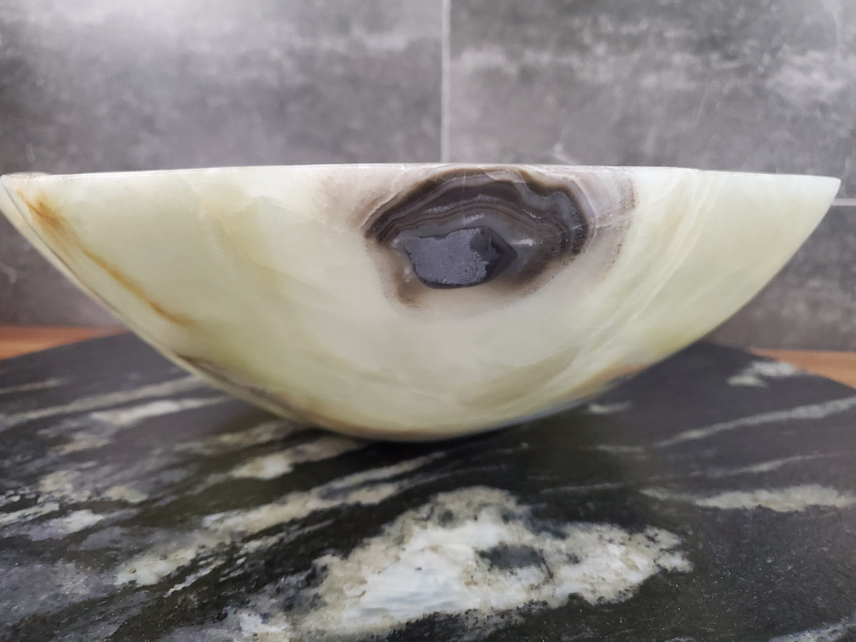 Green Onyx Vessel Sink, Natural Stone Vanity Basin, Polished Bathroom Countertop Sink, Spa Decor 16.5x13 Inch S40_22
