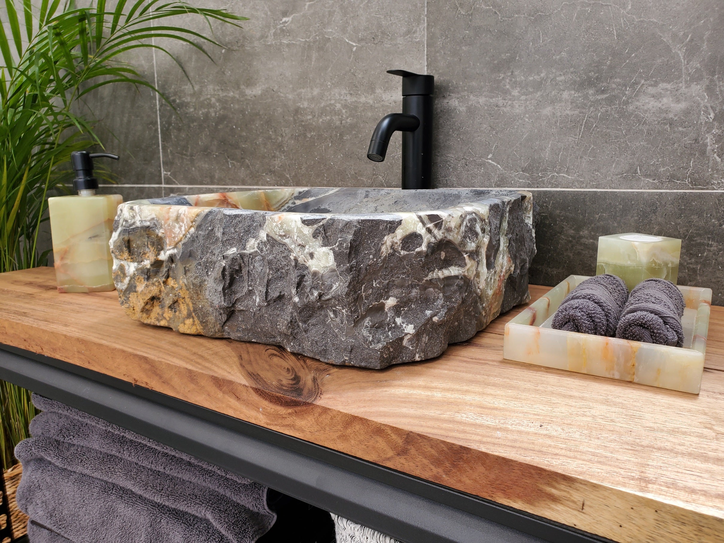 S30_37 Onyx Stone Vessel Bathroom Sink - 15 x 14.5 inch