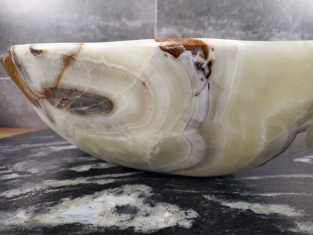 Green Onyx Marble Vessel Sink, Natural Stone Vanity Basin, Polished Bathroom Countertop Sink, Spa Decor 20x13 Inch S40_10 Bathroom Sinks Featured Onyx Sinks Sinks