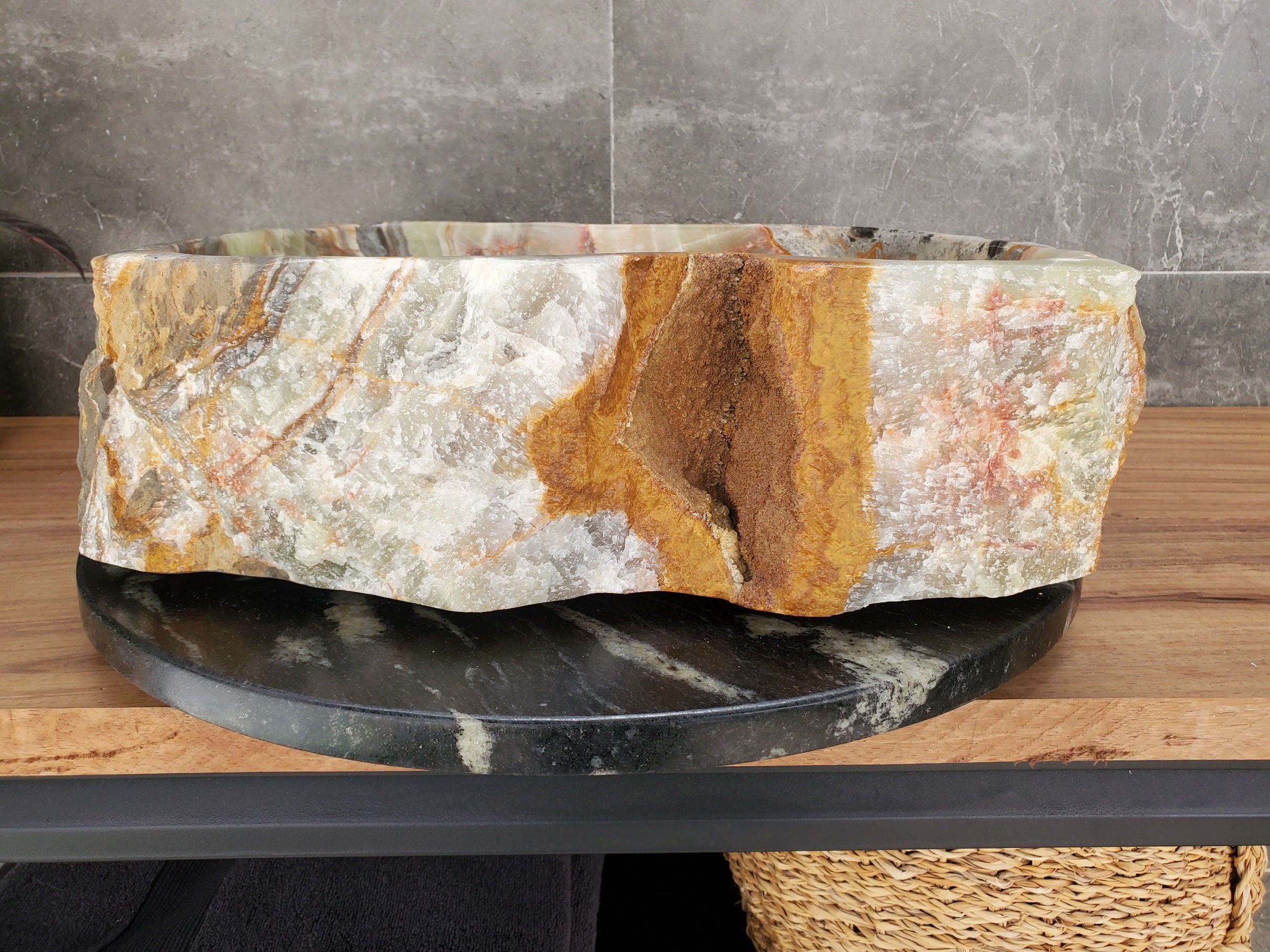 S34_01 Green Onyx Stone Vessel Bathroom Sink - 17 x 15 inch