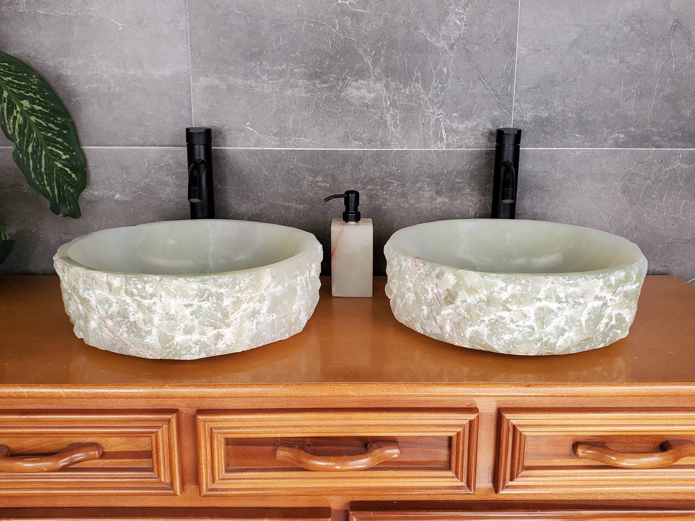 SET3708 - Onyx Stone Vessel Sink Set, Green, Master Bathroom Double Sinks Bathroom Sinks pair
