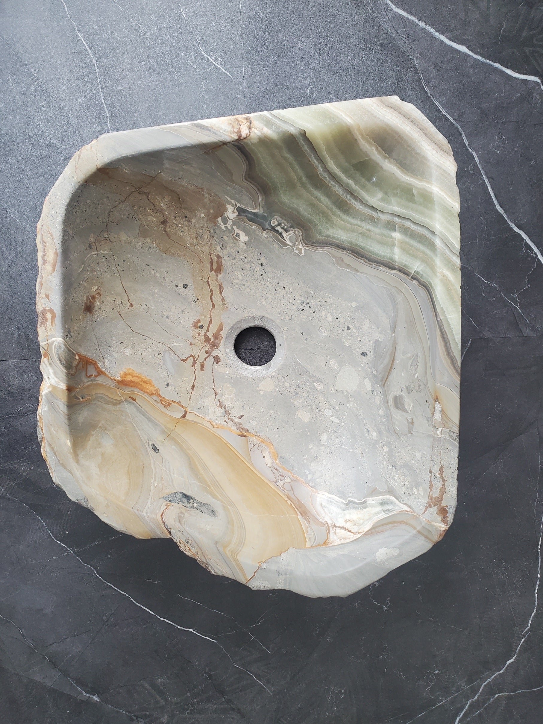 S25_10 Green Onyx Stone Vessel Bathroom Sink - 16 x 14 inch
