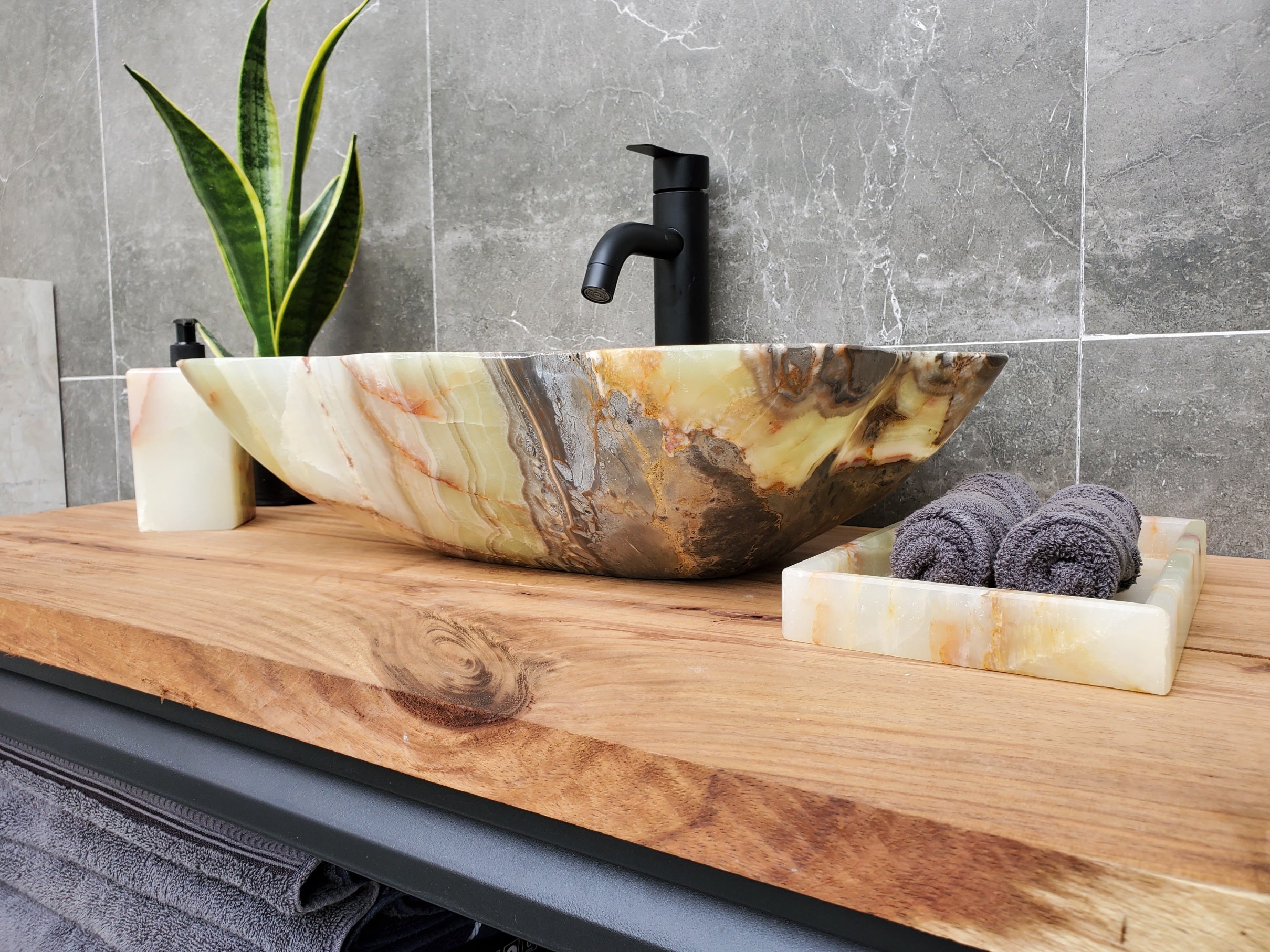 S30_32 Onyx Stone Vessel Bathroom Sink - 20.5 x 12 inch