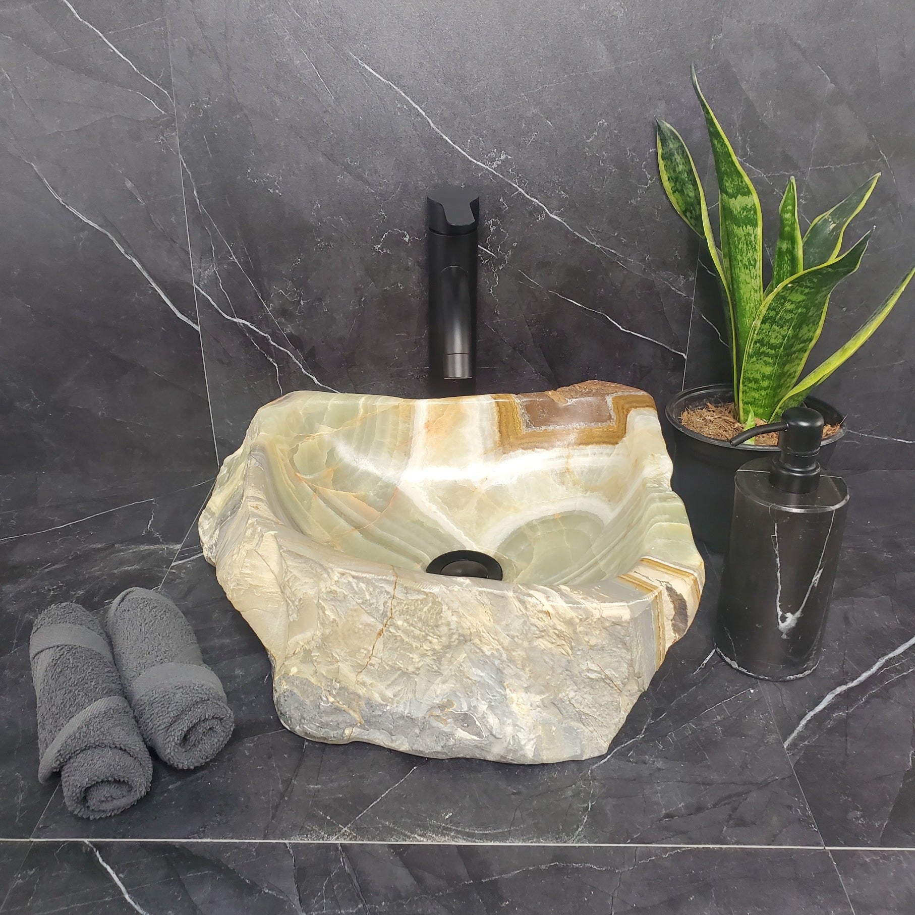 S25_13 Green Onyx Stone Vessel Bathroom Sink - 14 x 13.5 inch