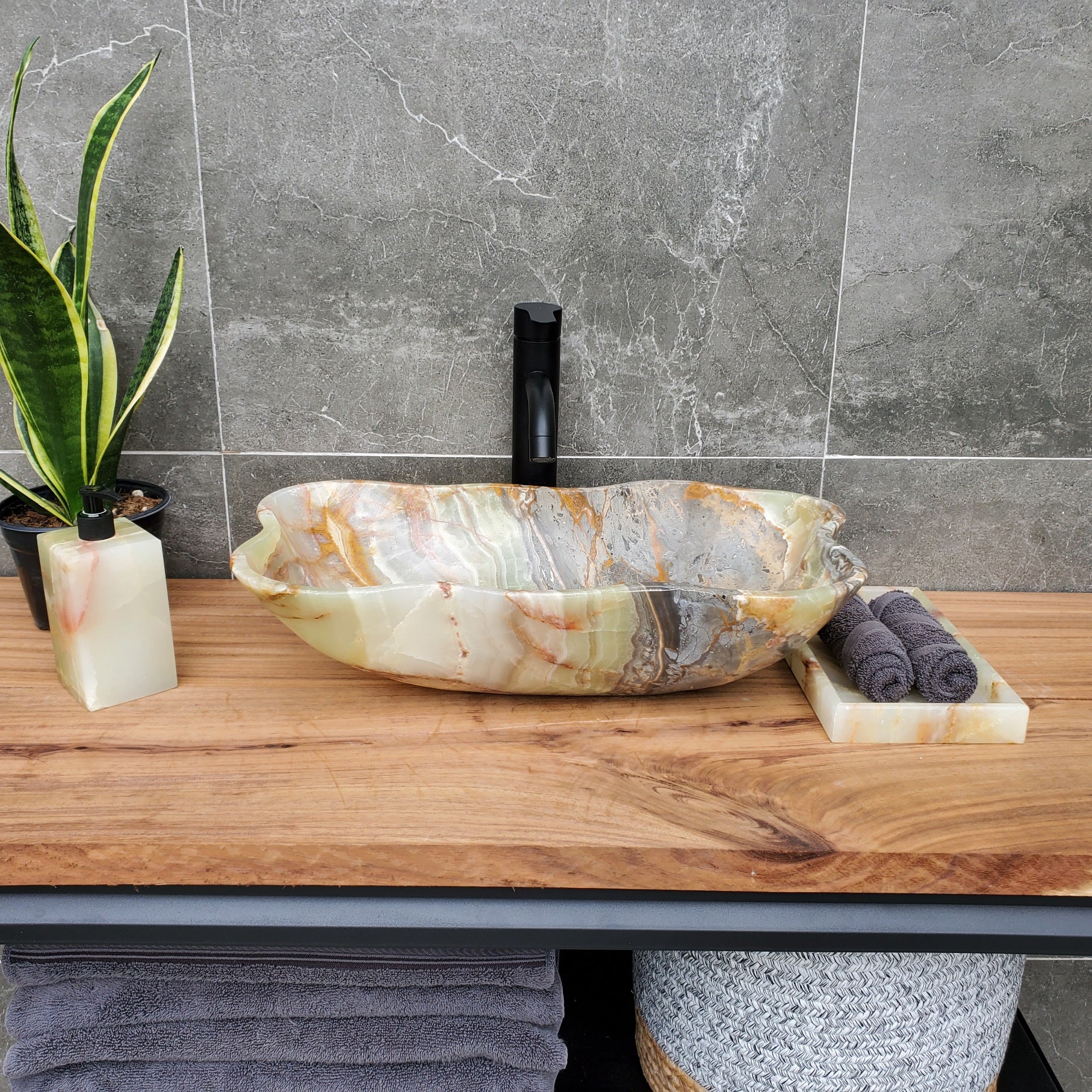 S30_32 Onyx Stone Vessel Bathroom Sink - 20.5 x 12 inch