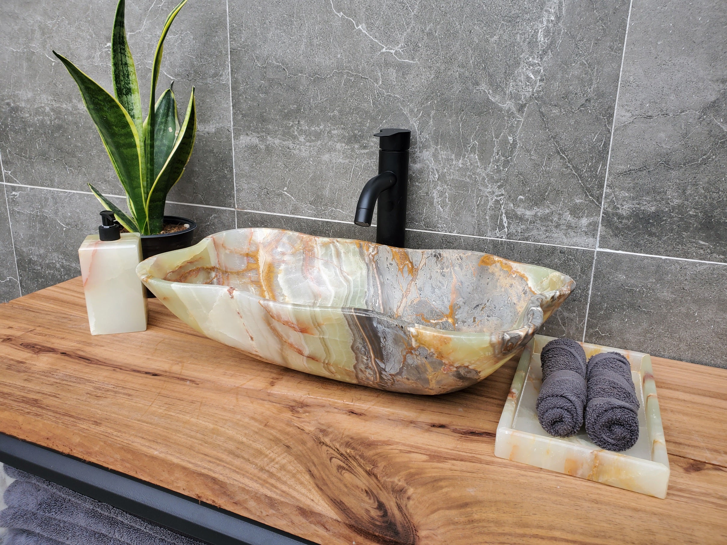 S30_32 Onyx Stone Vessel Bathroom Sink - 20.5 x 12 inch
