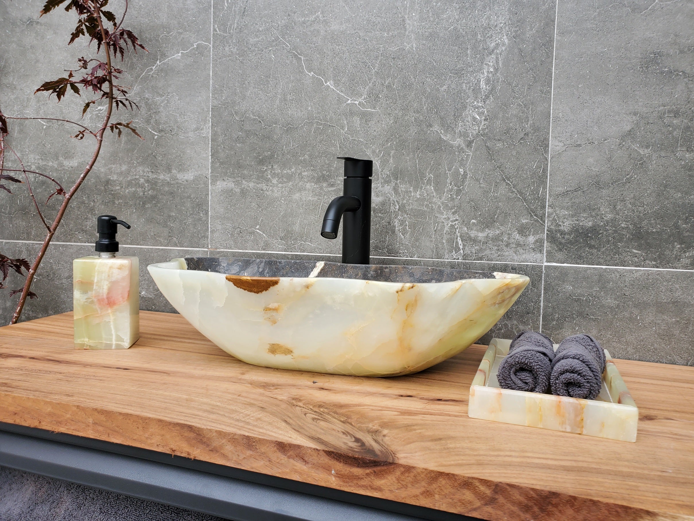 S30_16 Onyx Stone Vessel Bathroom Sink - 20 x 12 inch