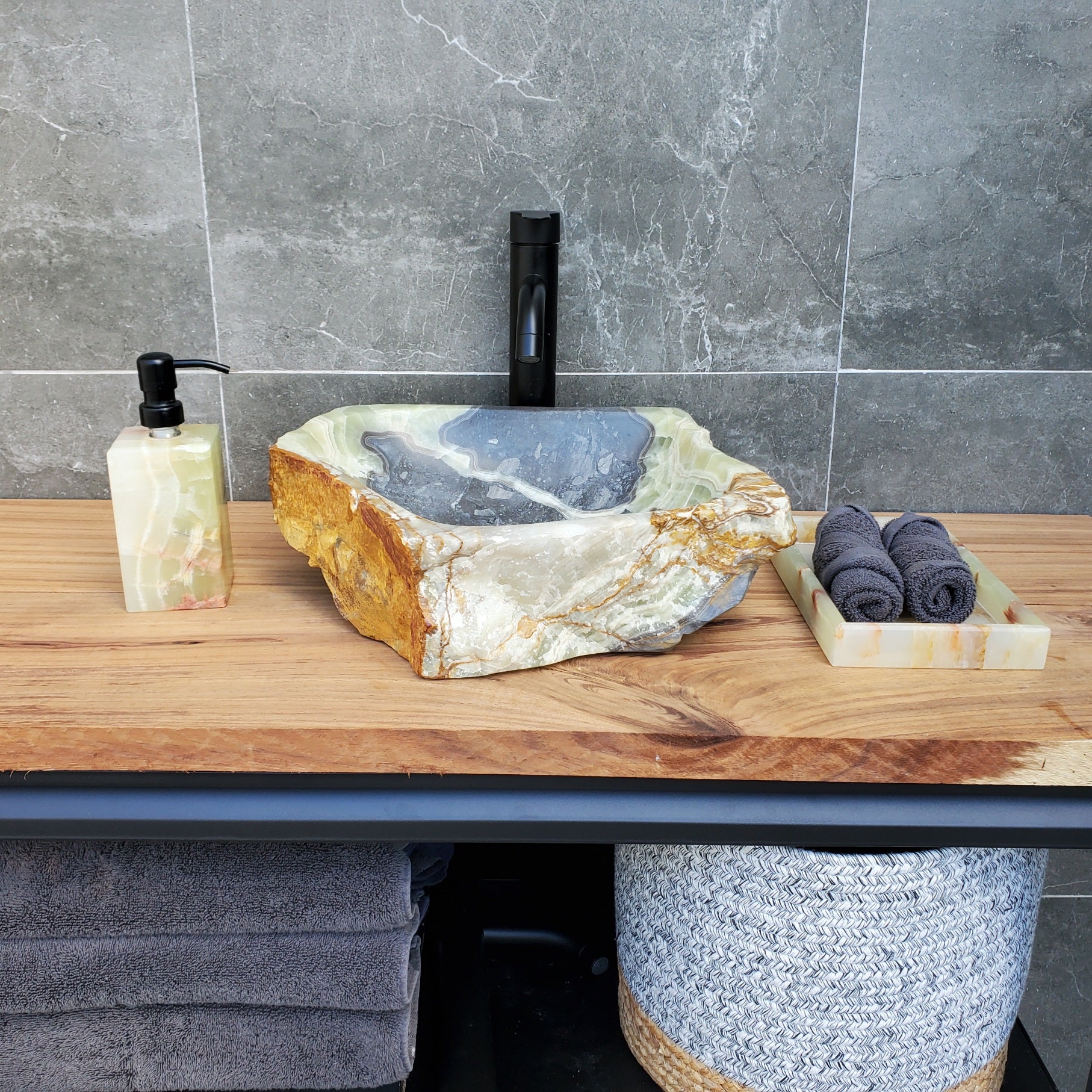 S30_19 Onyx Stone Vessel Bathroom Sink - 14 x 14 inch