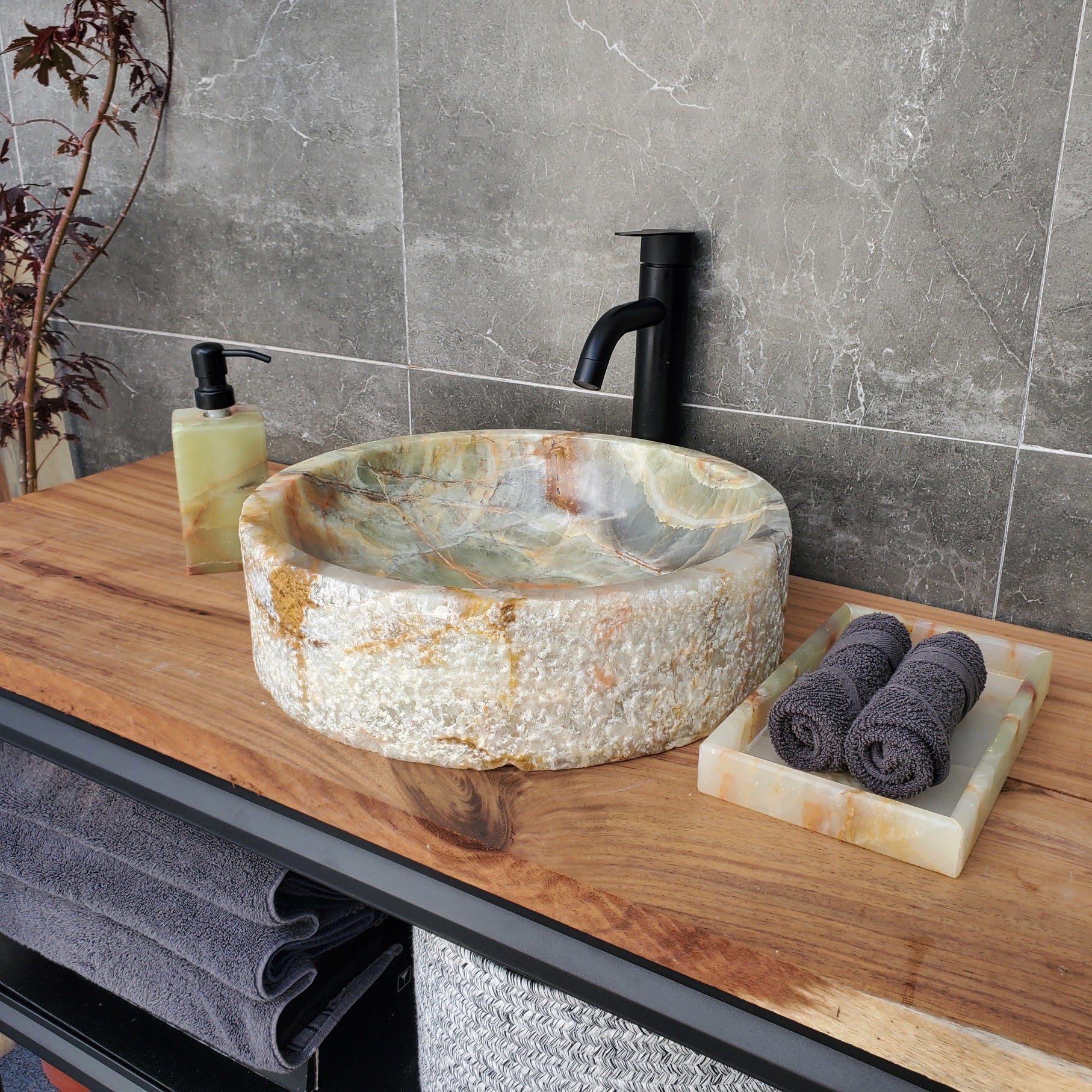 S29_29 Onyx Stone Vessel Bathroom Sink - 15 x 15 inch