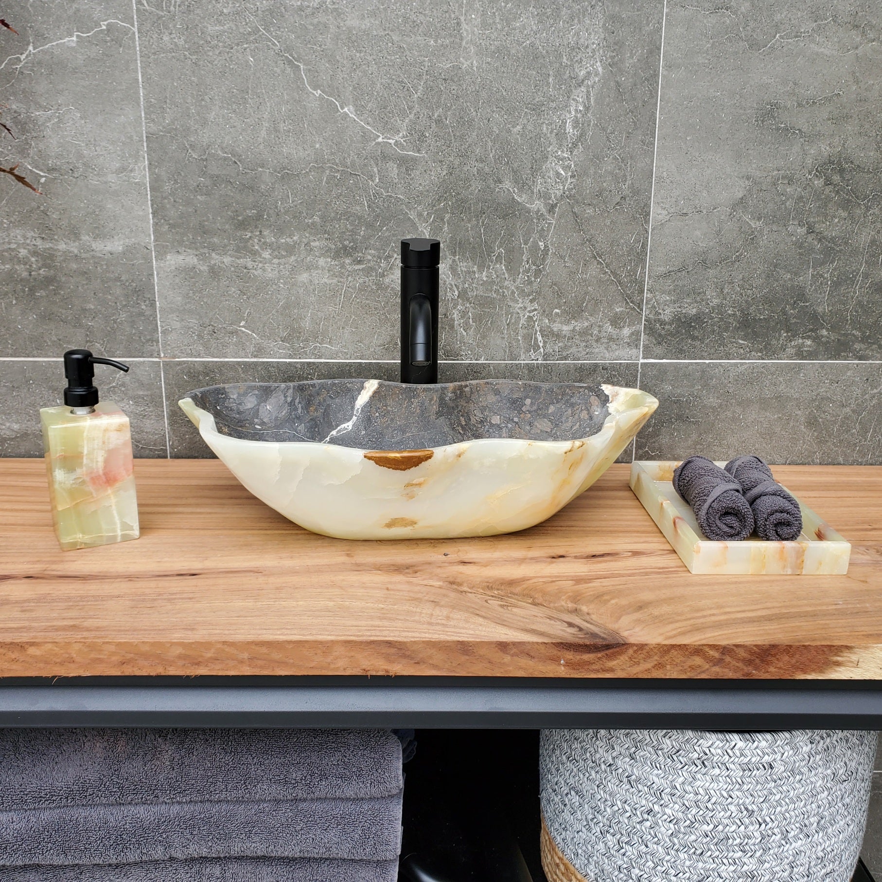 S30_16 Onyx Stone Vessel Bathroom Sink - 20 x 12 inch