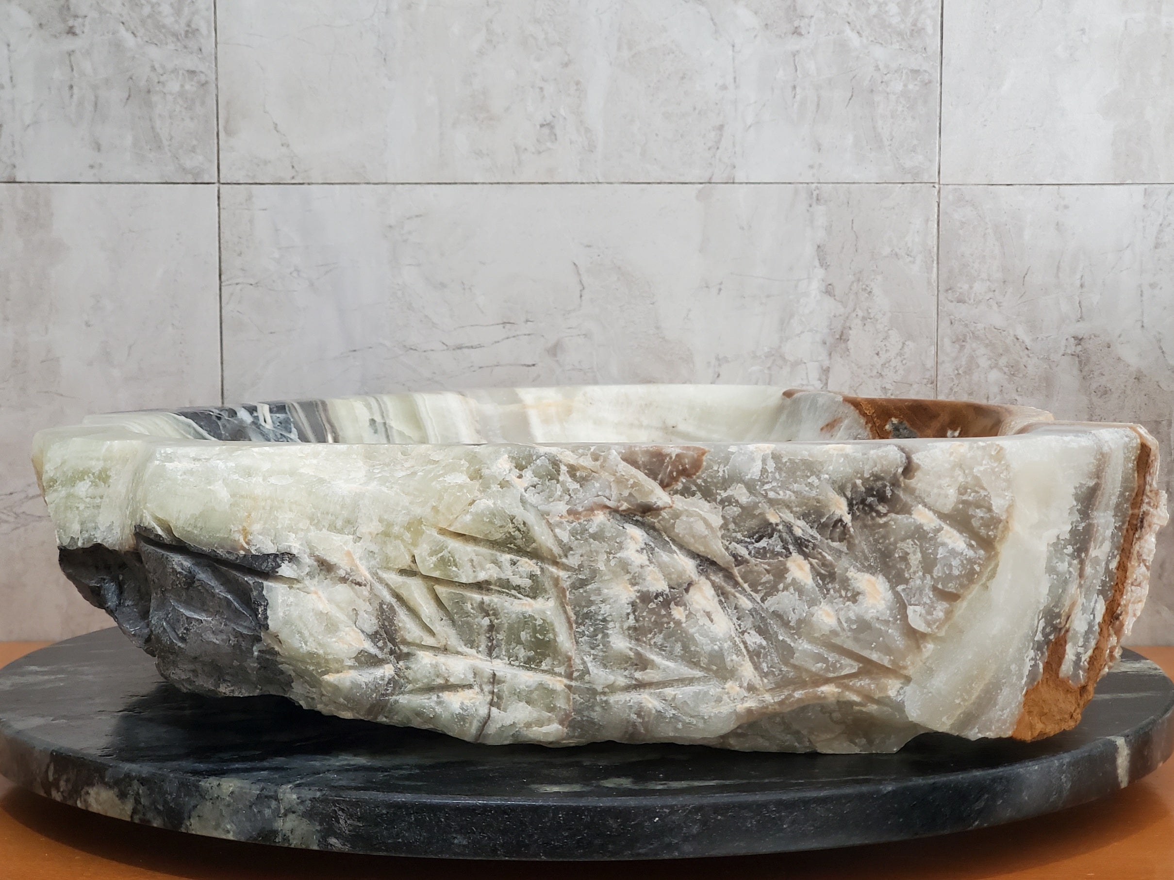 S23_24 Green and Grey Onyx Stone Vessel Bathroom Sink