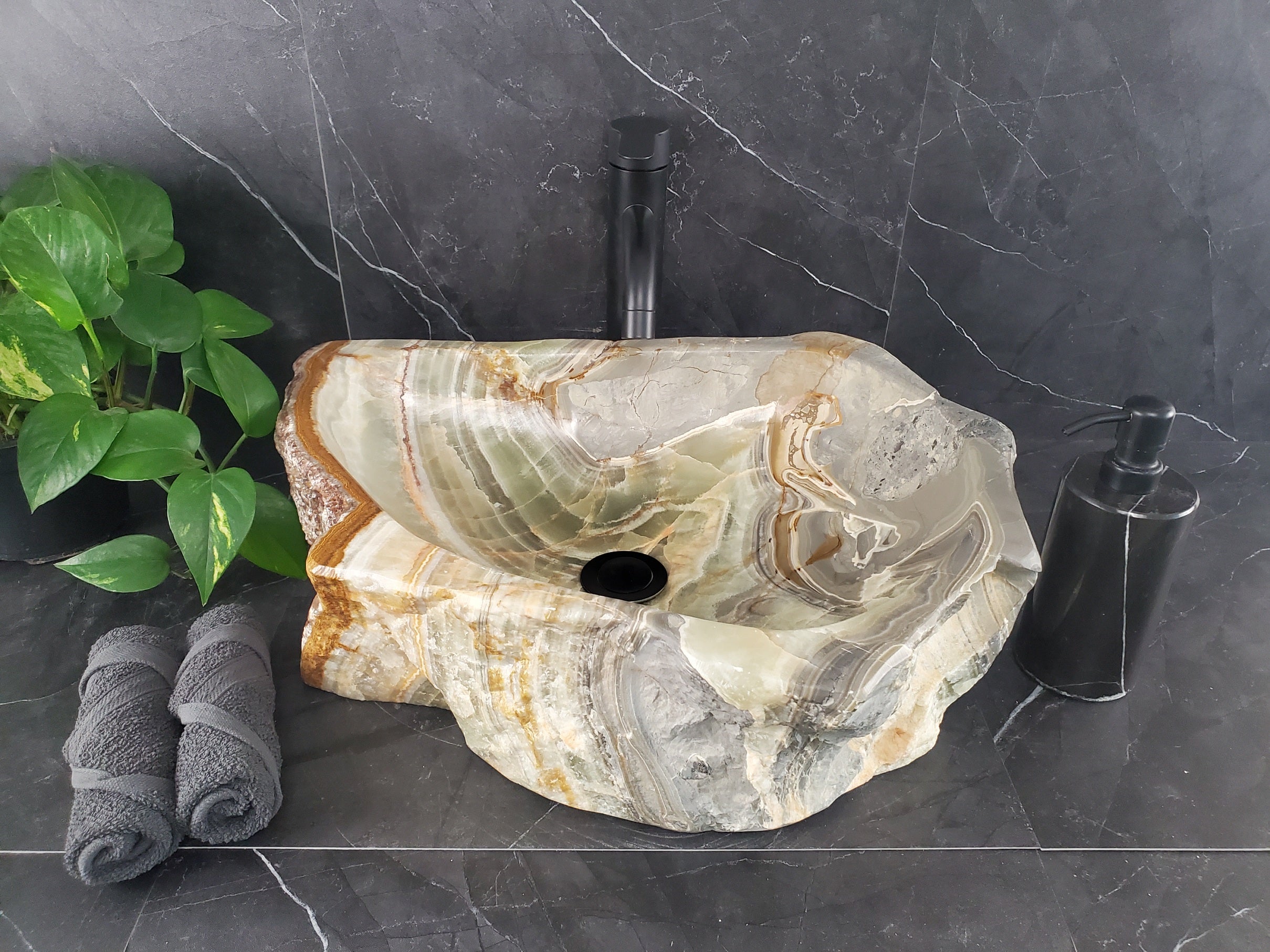 S25_12 Green Onyx Stone Vessel Bathroom Sink - 18 x 17 inch