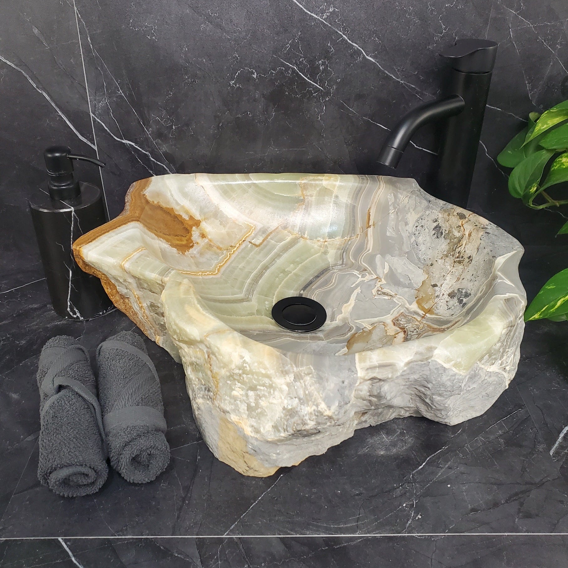 S25_11 Green Onyx Stone Vessel Bathroom Sink - 17.5 x 15 inch