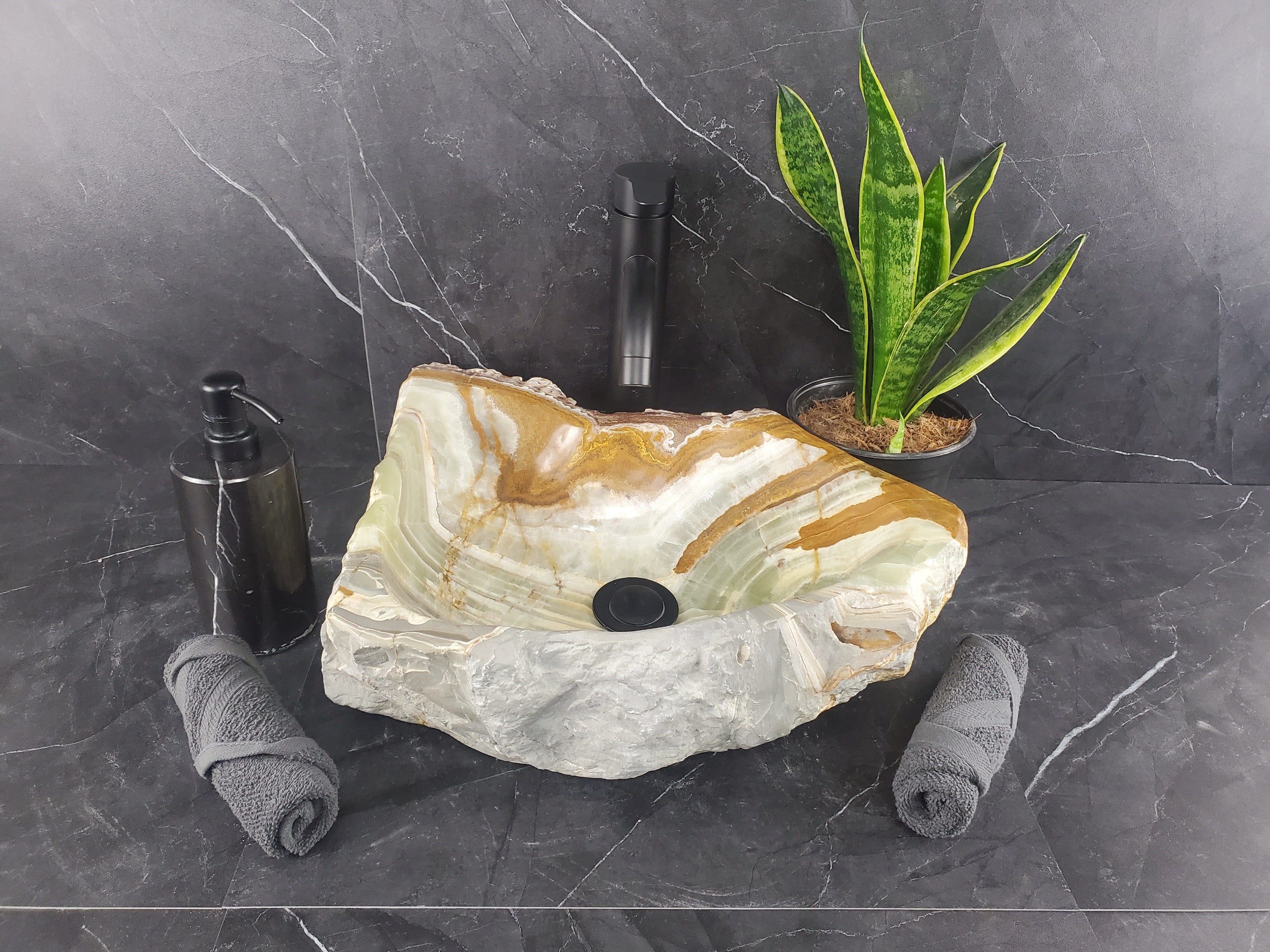 S25_09 Green Onyx Stone Vessel Bathroom Sink - 15.5 x 14 inch