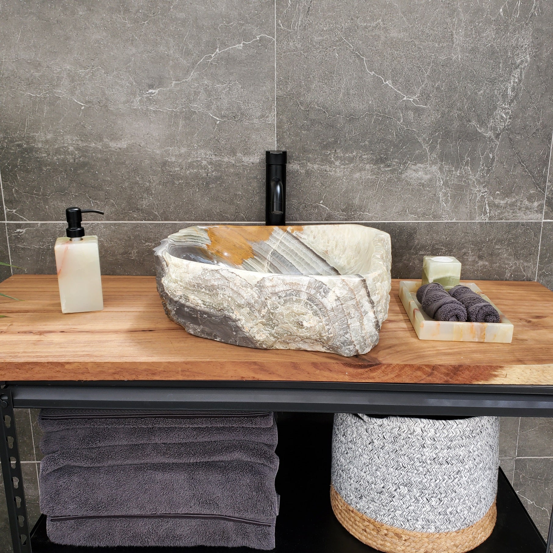 S30_34 Onyx Stone Vessel Bathroom Sink - 17.5 x 16.5 inch