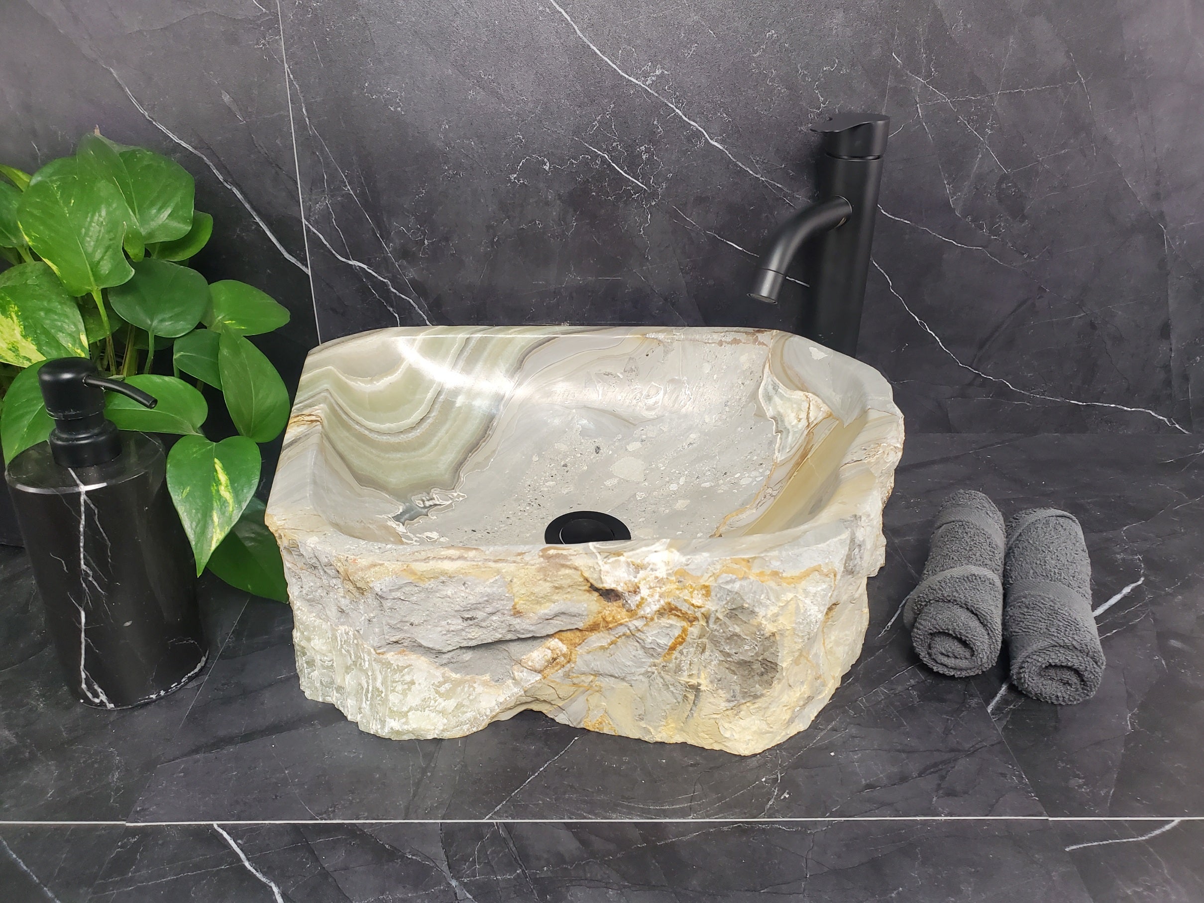 S25_10 Green Onyx Stone Vessel Bathroom Sink - 16 x 14 inch