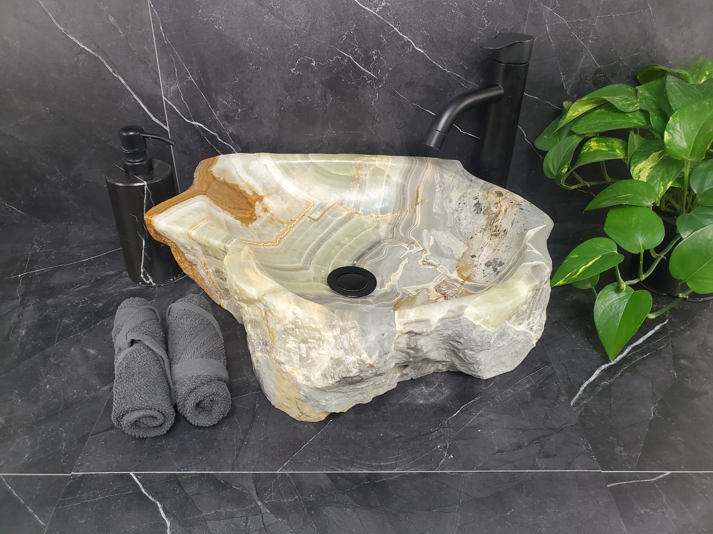 S25_11 Green Onyx Stone Vessel Bathroom Sink - 17.5 x 15 inch