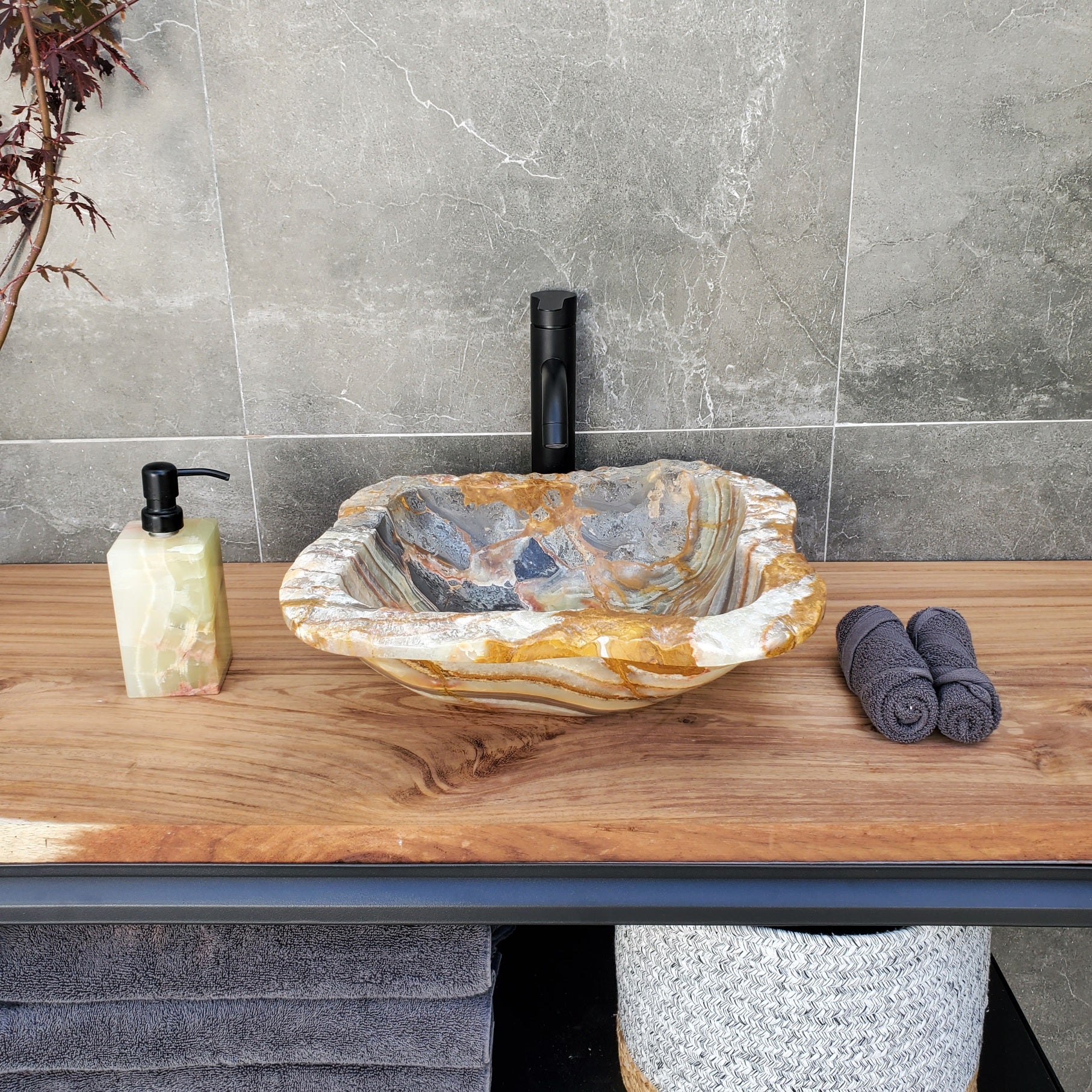 S29_15 Onyx Stone Vessel Bathroom Sink - 16 x 15.5 inch