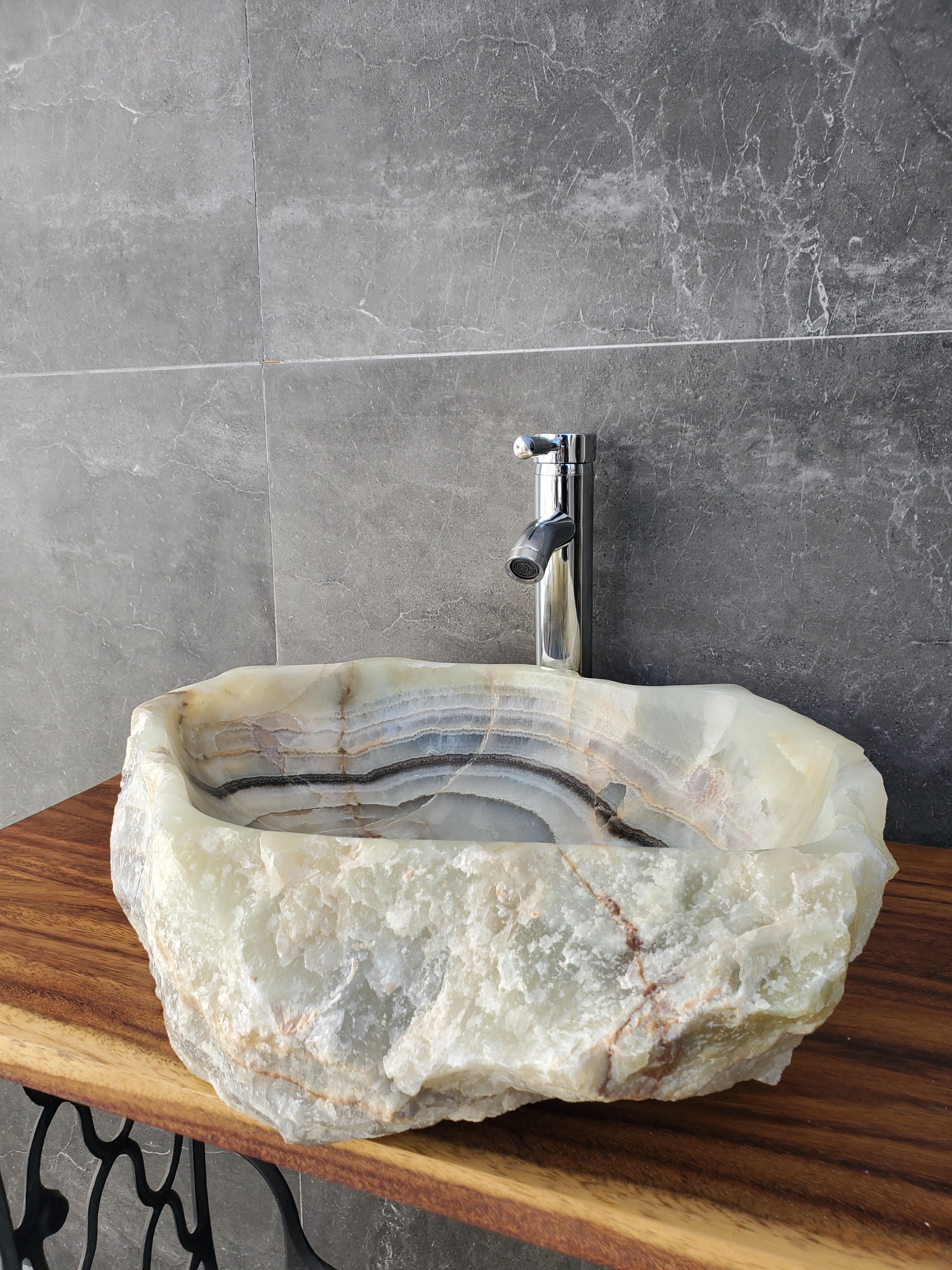 S19_03 Green, Gray Onyx Stone Vessel Bathroom Sink