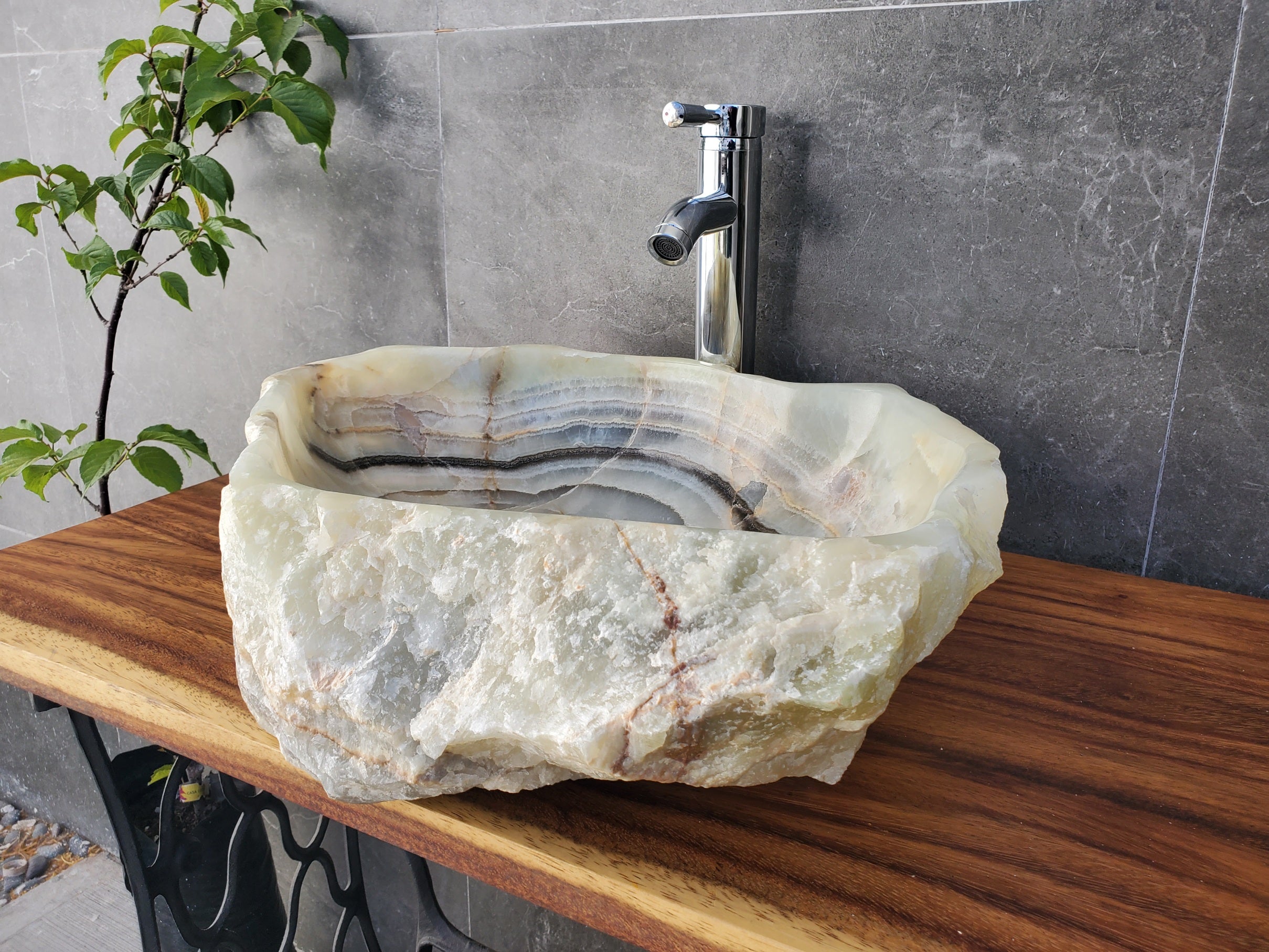 S19_03 Green, Gray Onyx Stone Vessel Bathroom Sink