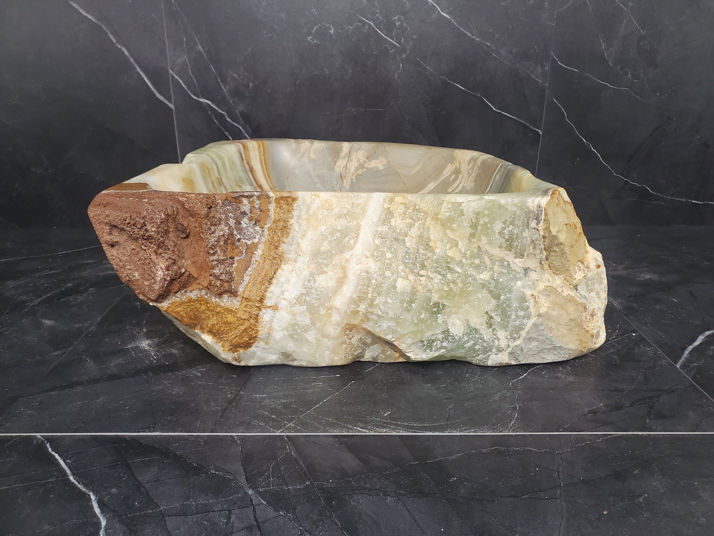 S25_13 Green Onyx Stone Vessel Bathroom Sink - 14 x 13.5 inch