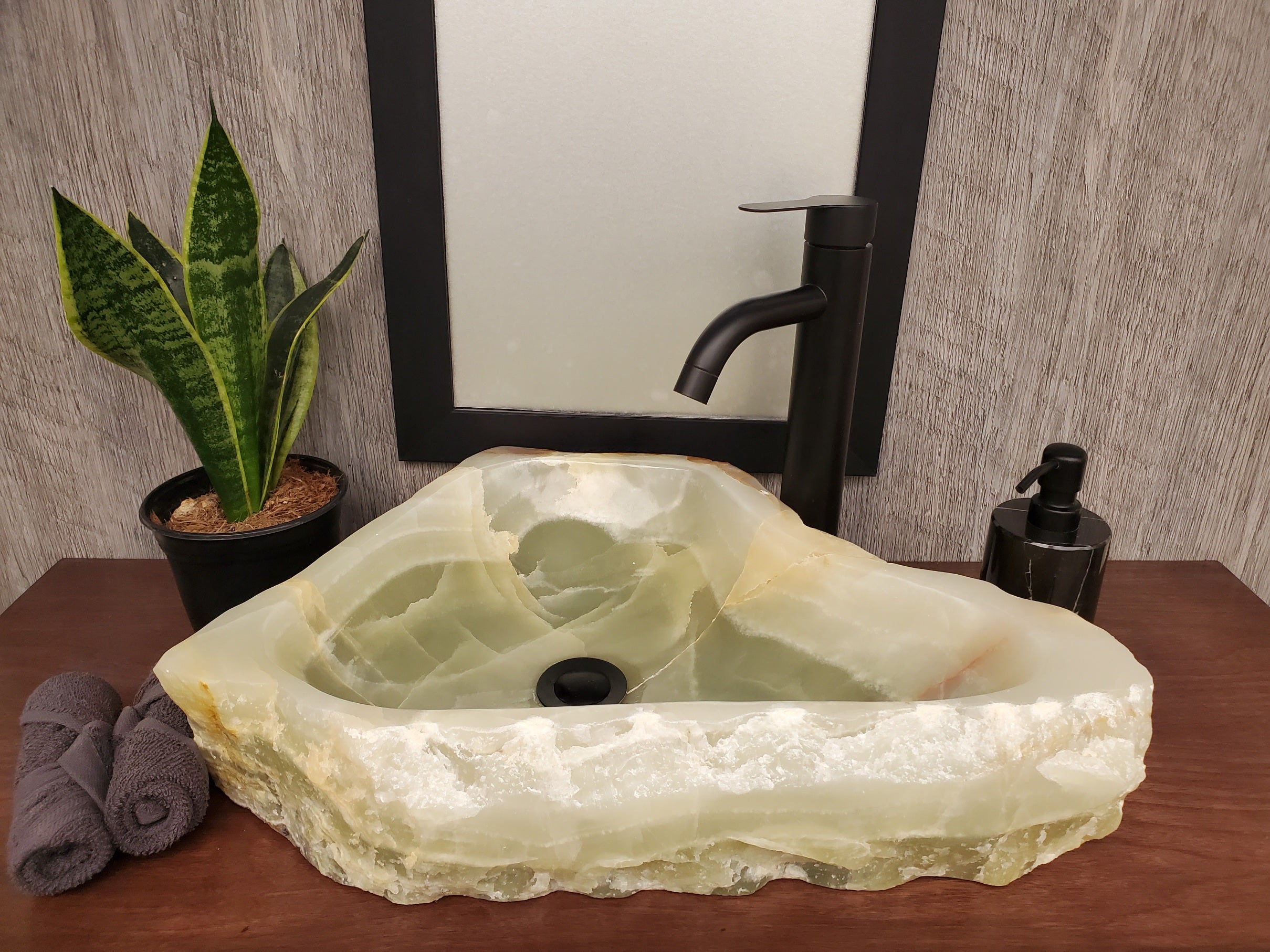 S23_20 Green and Brown Onyx Stone Vessel Bathroom Sink - 21 x 14 inch