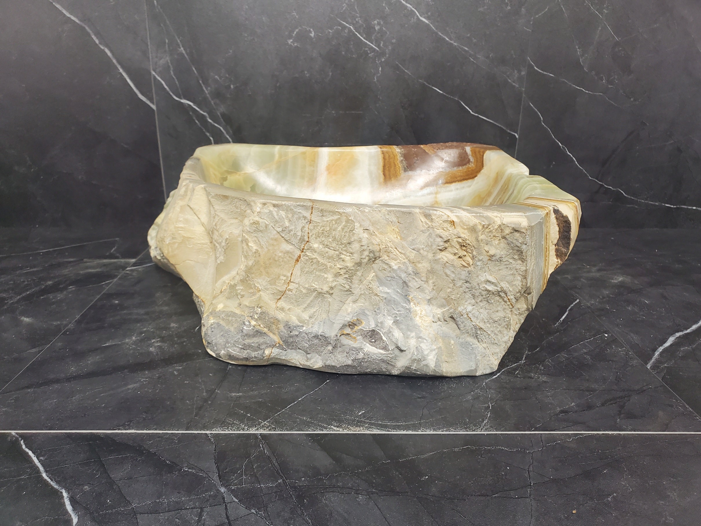 S25_13 Green Onyx Stone Vessel Bathroom Sink - 14 x 13.5 inch