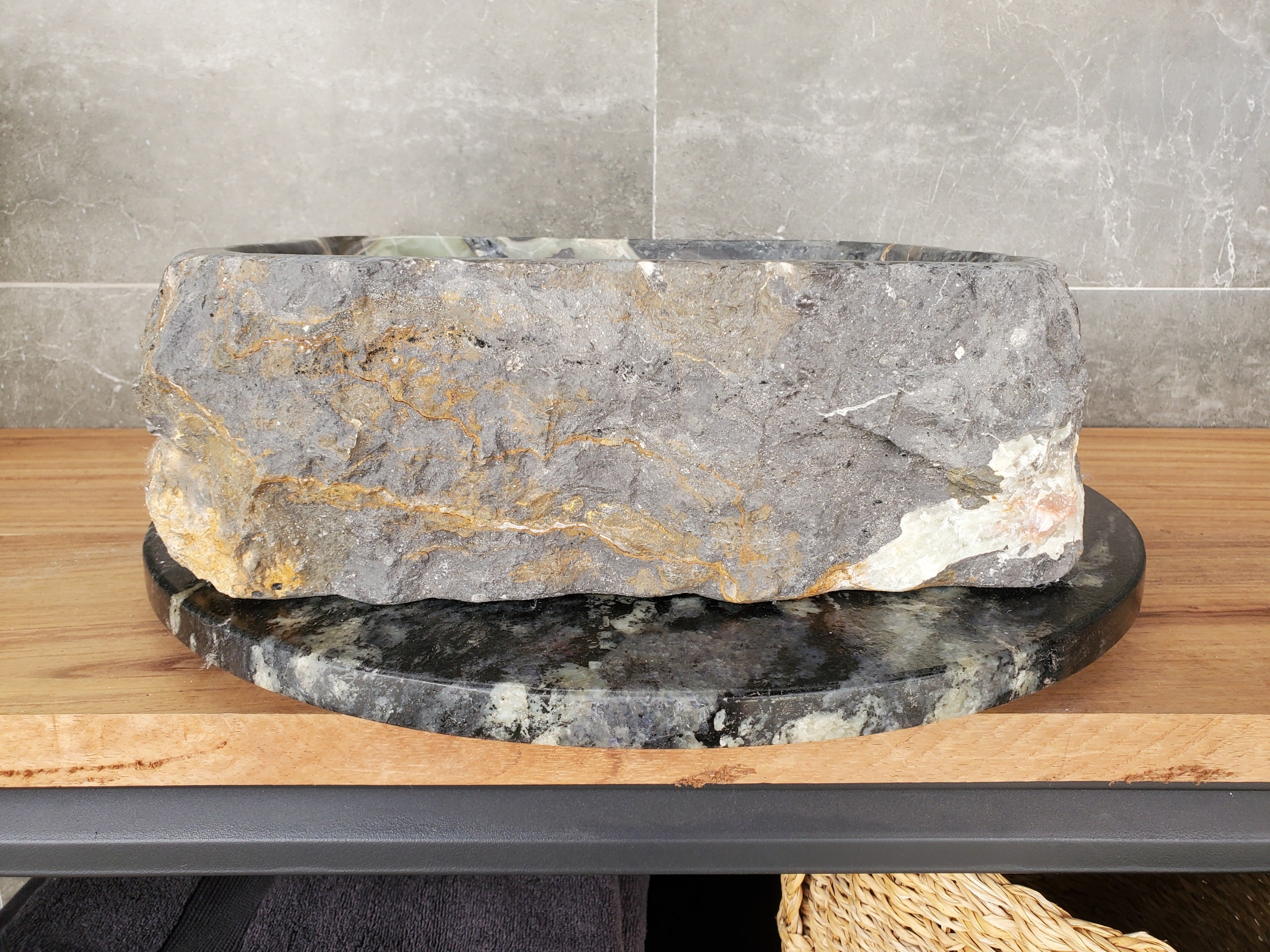 S33_02 Onyx and Slate Stone Vessel Bathroom Sink - 15.5 x 15 inch