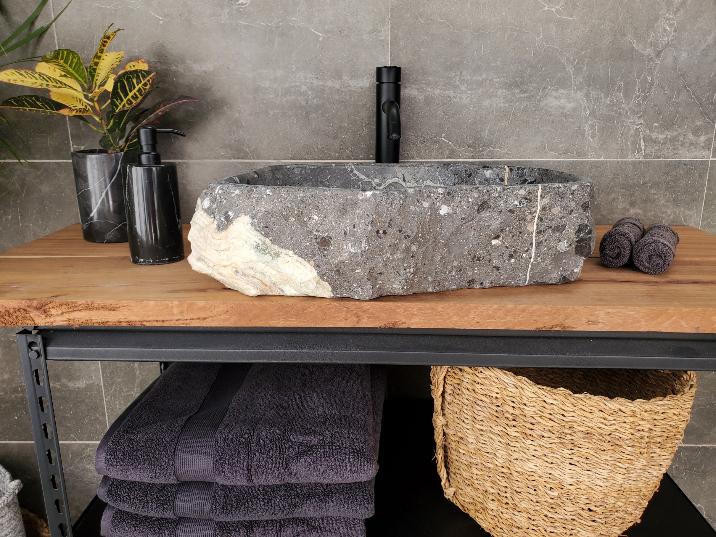 S33_04 Onyx and Slate Stone Vessel Bathroom Sink - 19 x 16 inch