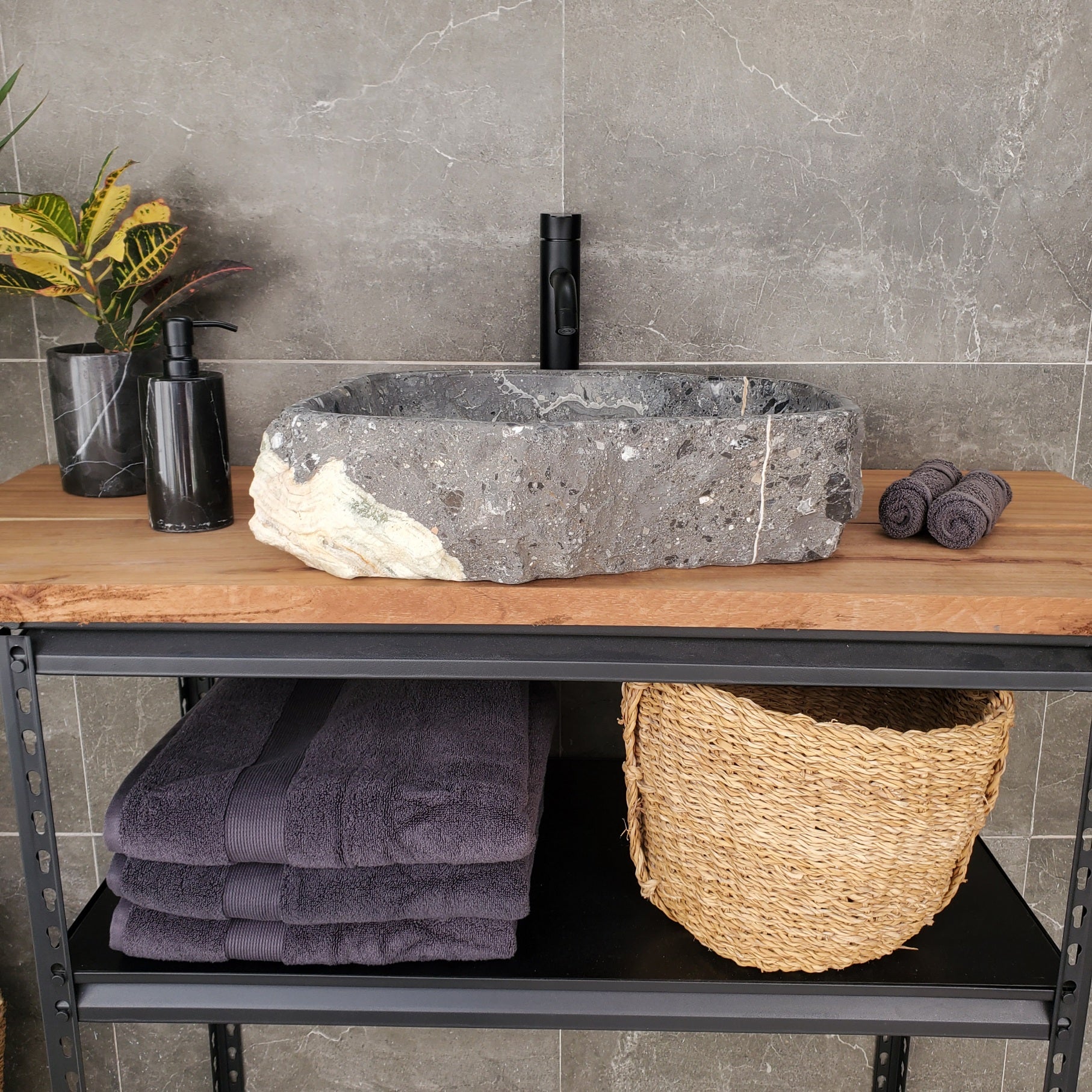 S33_04 Onyx and Slate Stone Vessel Bathroom Sink - 19 x 16 inch
