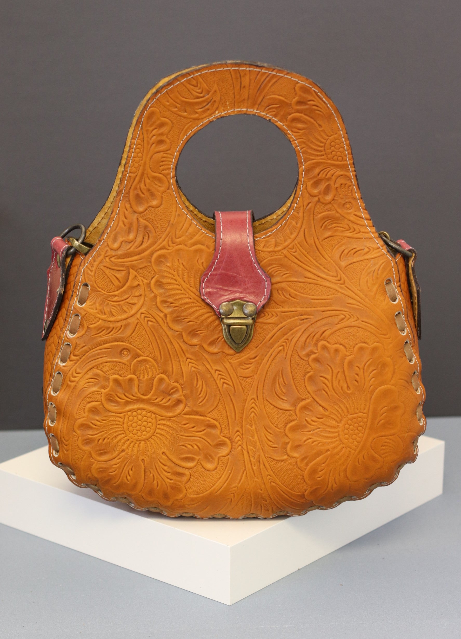 Rust Hand Tooled Top Handled Mexican Leather Purse Purse Fashion